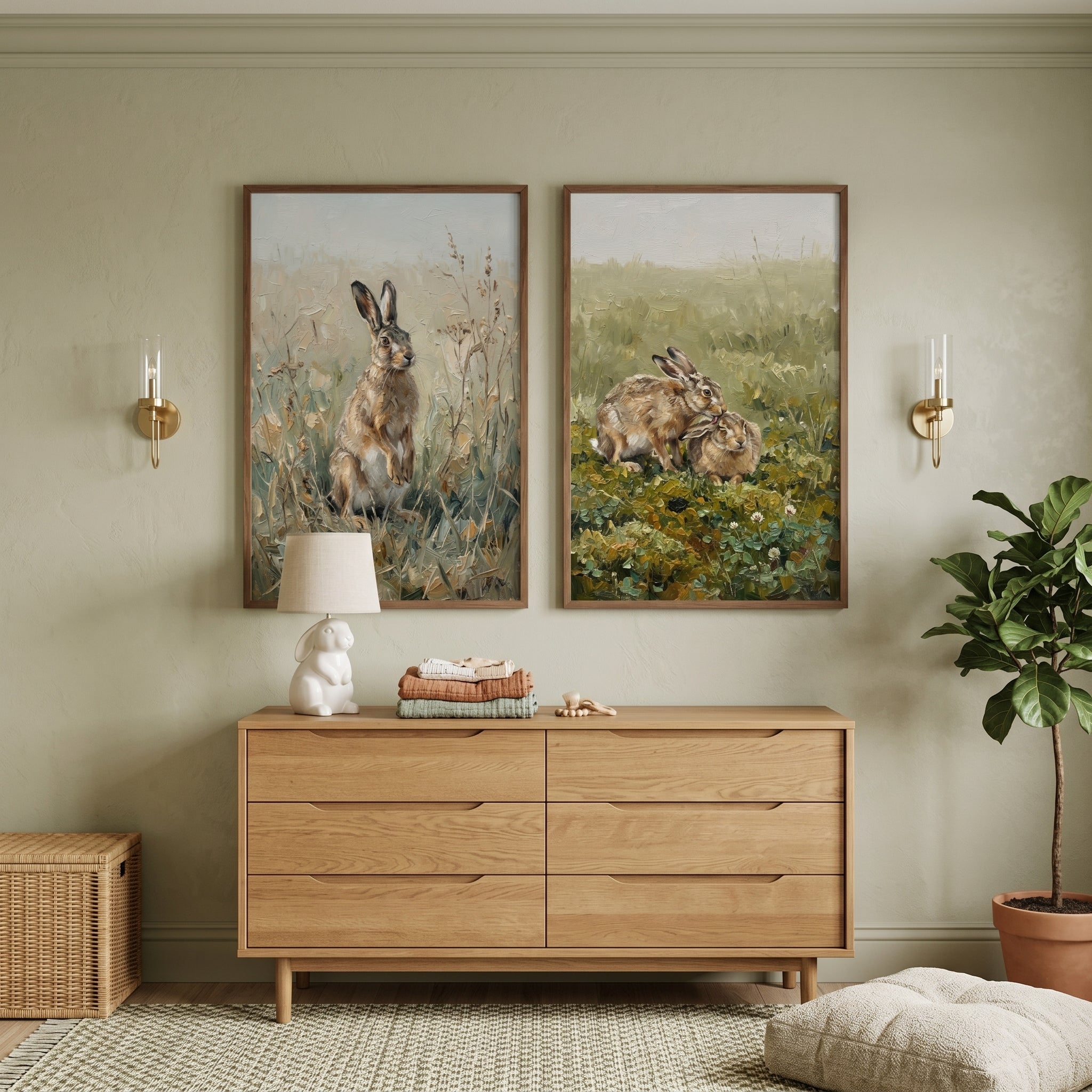 Earthy Brown Hare Wall Art Set of 2 - Wild Meadow Hares