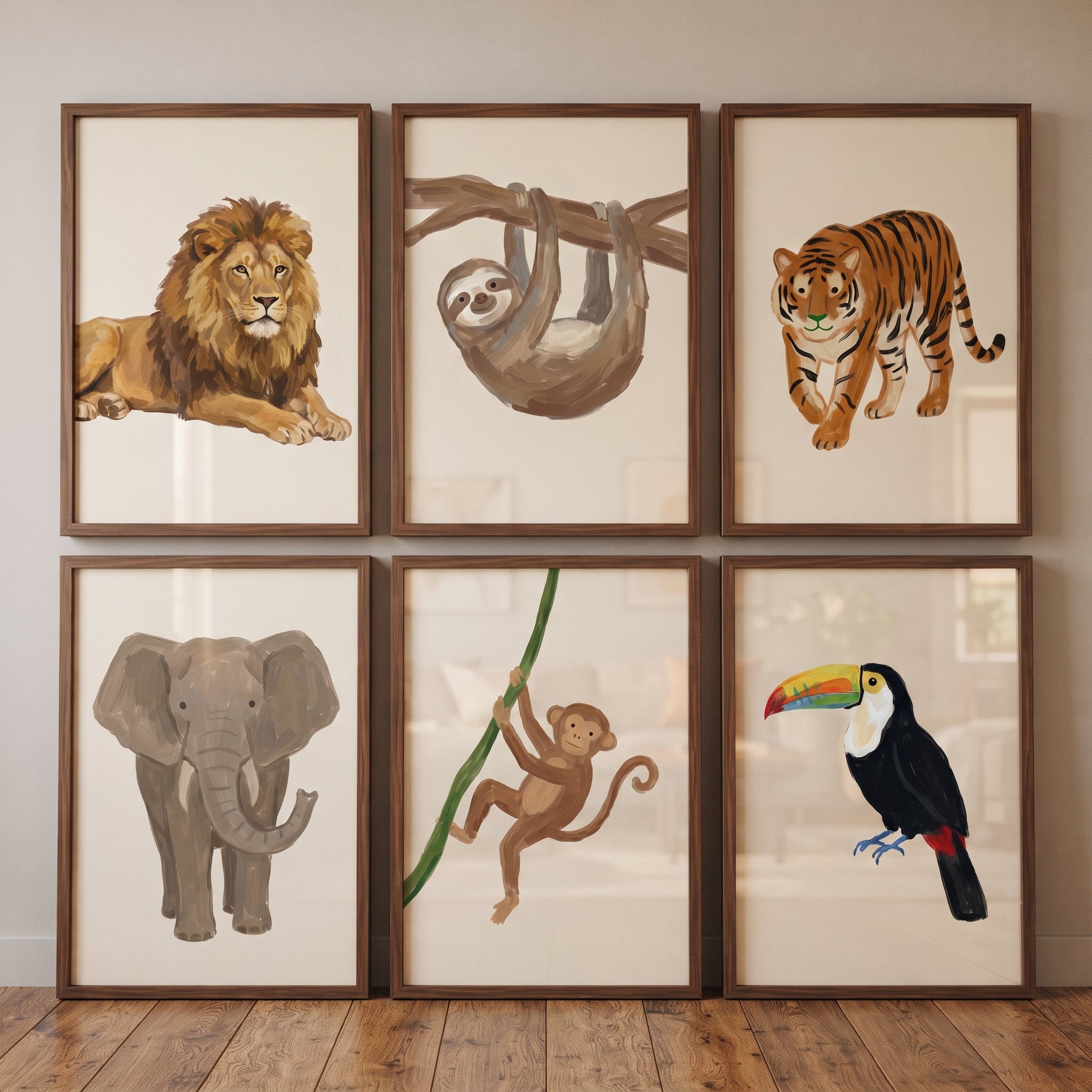Earthy Brushstroke Safari Animals Wall Art Set of 6 - Wild Jungle Portraits