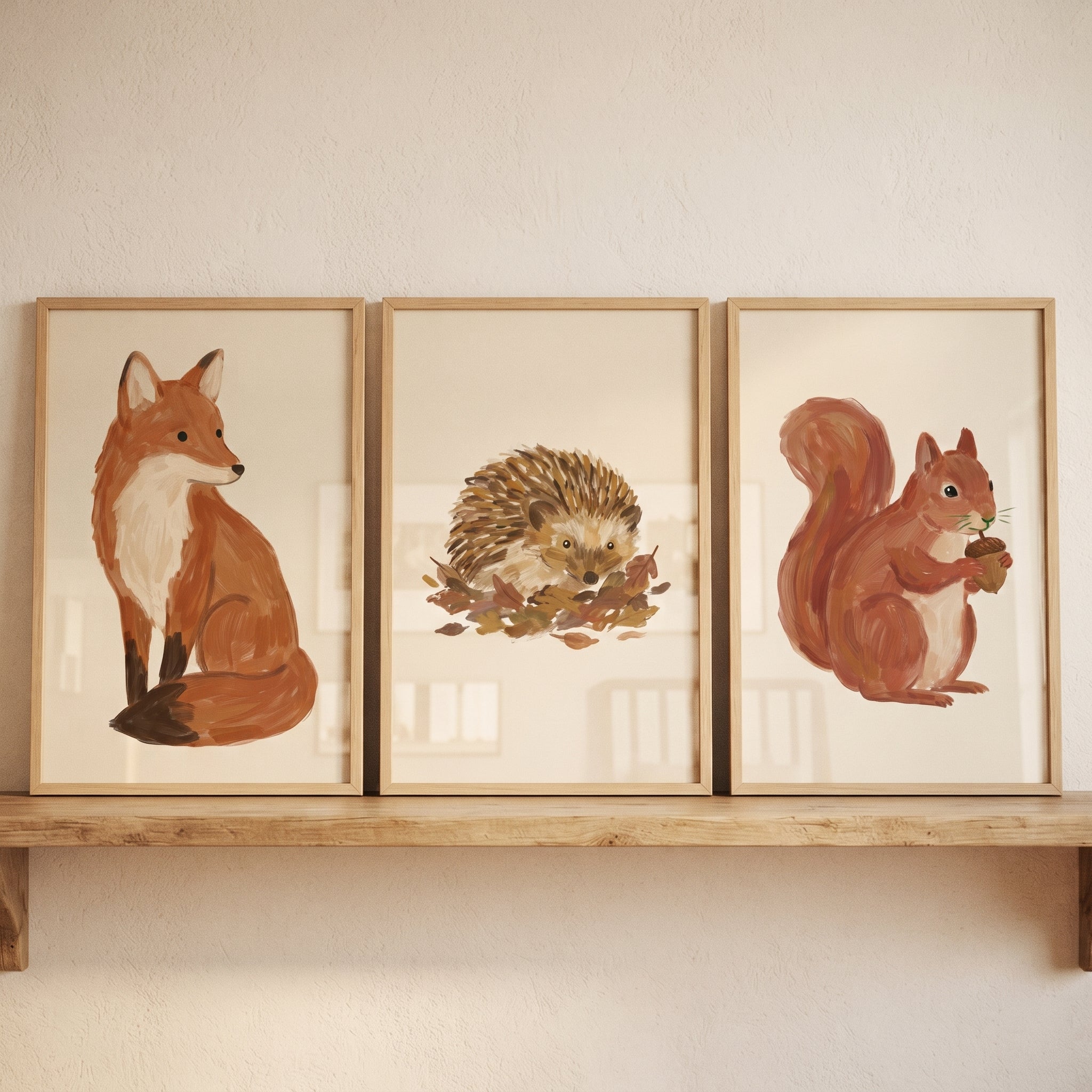 Earthy Brushstroke Woodland Animals Wall Art Set of 3 - Cozy Forest Trio
