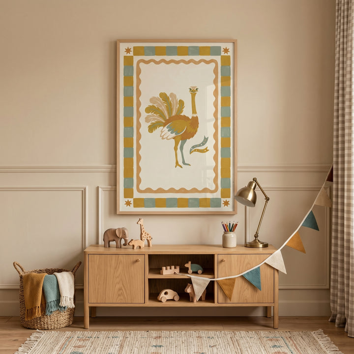 Earthy checkered border ostrich wall art hangs over a wooden sideboard with toys, a lamp, and a pennant garland.