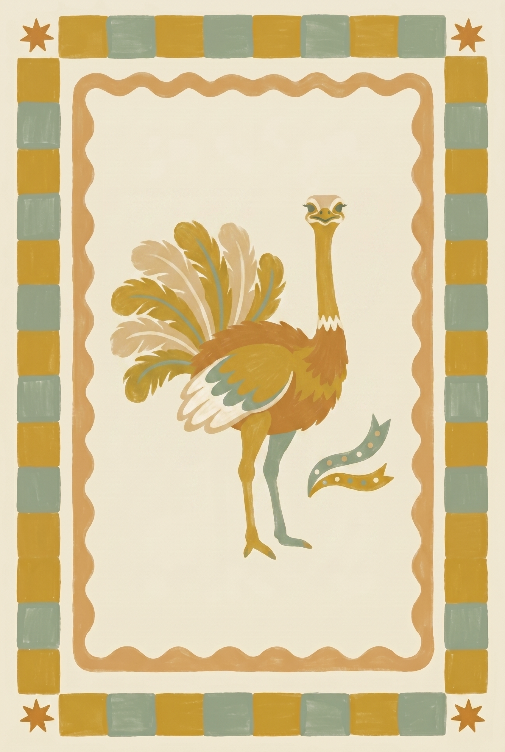 Earthy Checkered Border Ostrich Wall Art - Stately Desert Bird