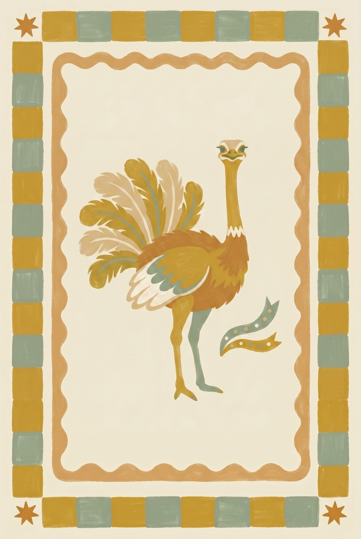 Earthy checkered border ostrich wall art with a whimsical fanned-tail bird in muted yellow and sage green tones.