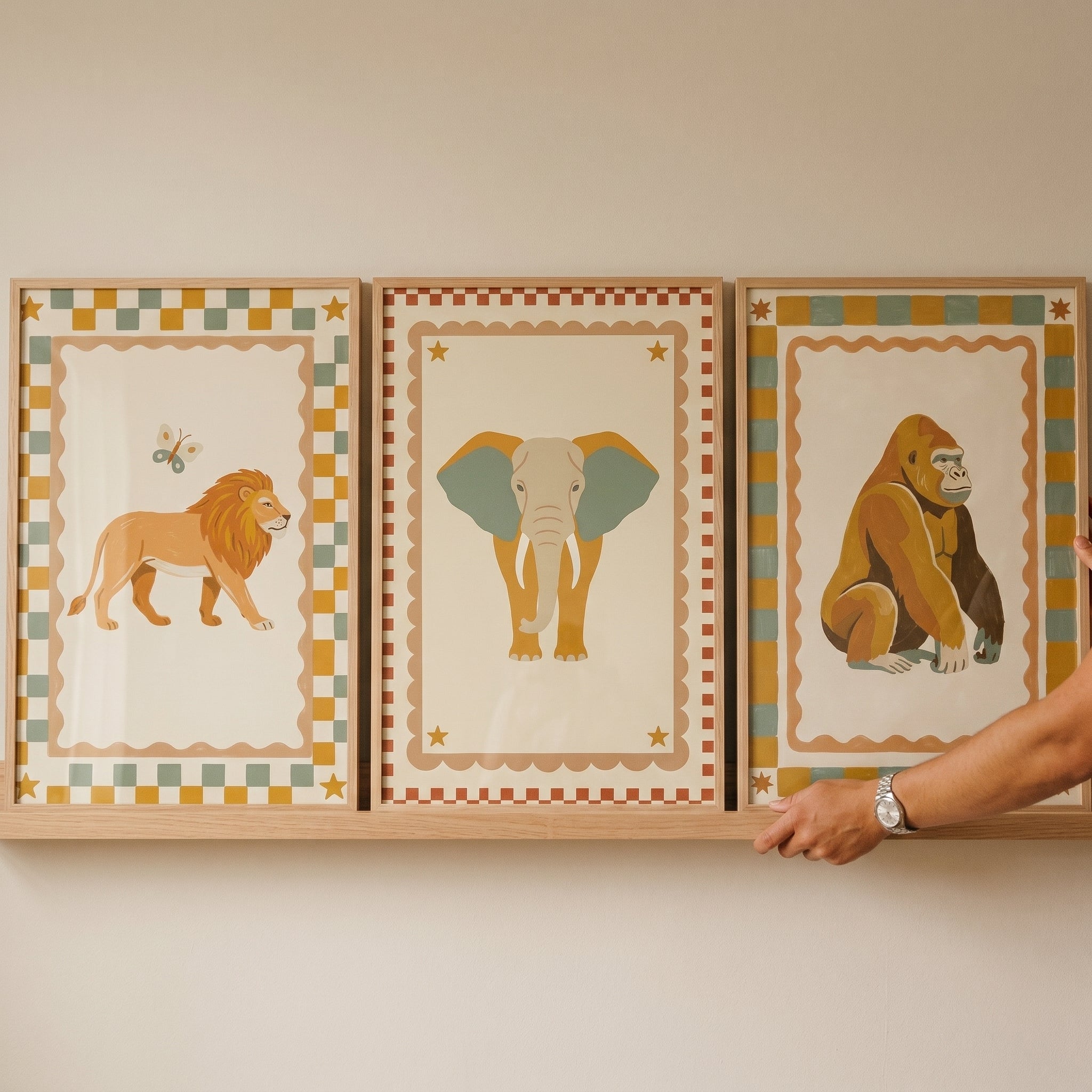 Earthy Checkered Safari Animal Wall Art Set of 3 - Vintage Safari Set