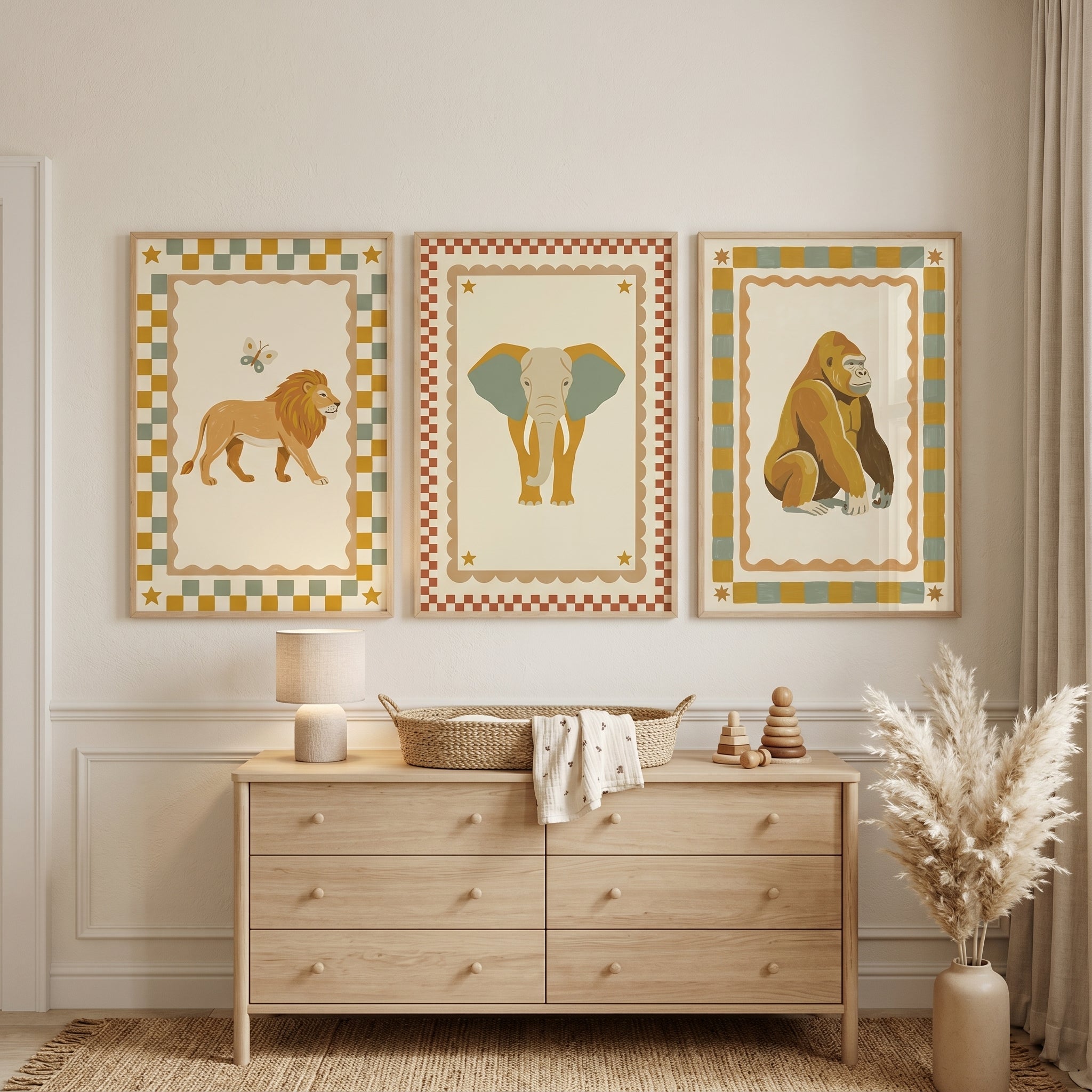 Earthy Checkered Safari Animal Wall Art Set of 3 - Vintage Safari Set