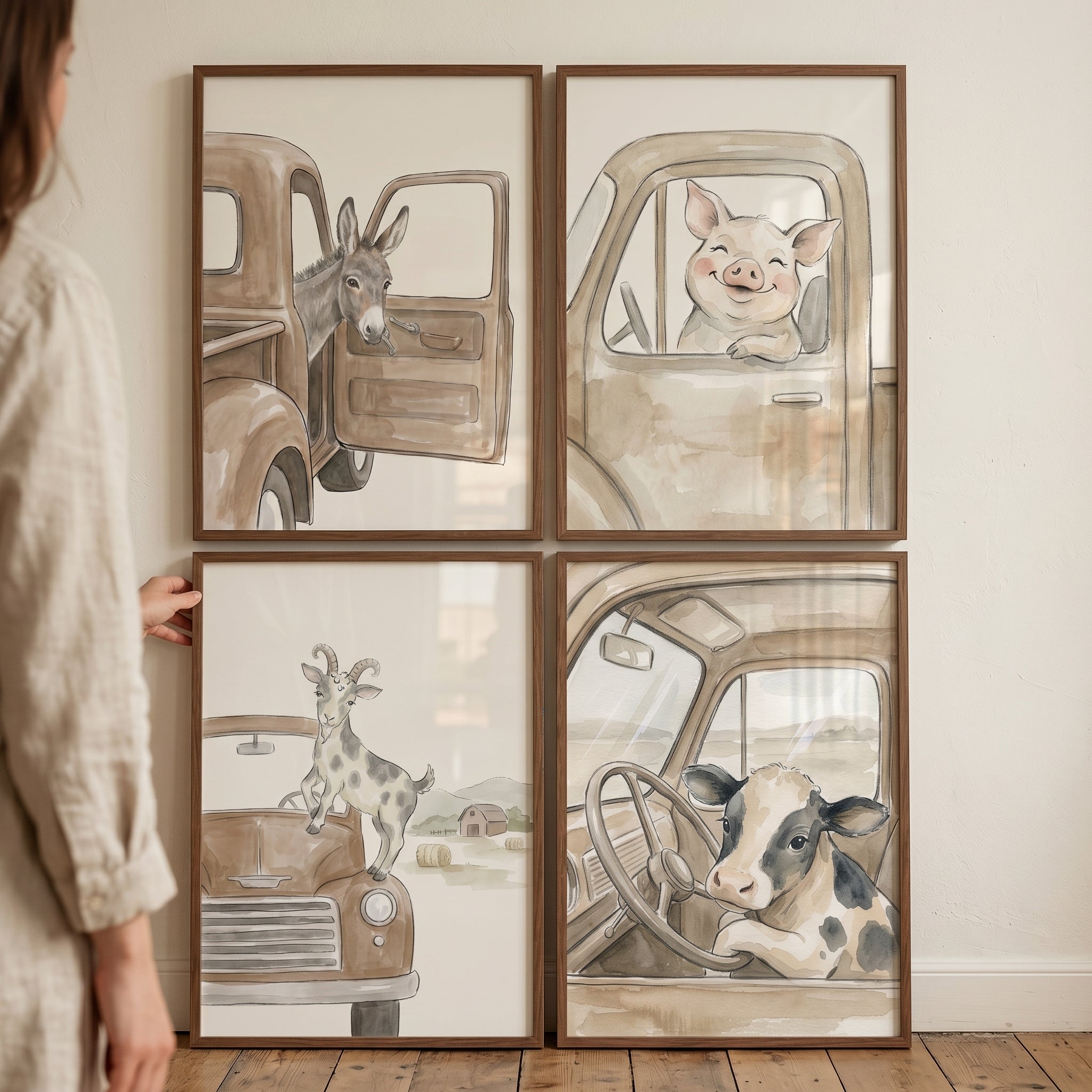 Earthy Farm Truck Animal Wall Art Set of 4 - Farm Animal Adventure
