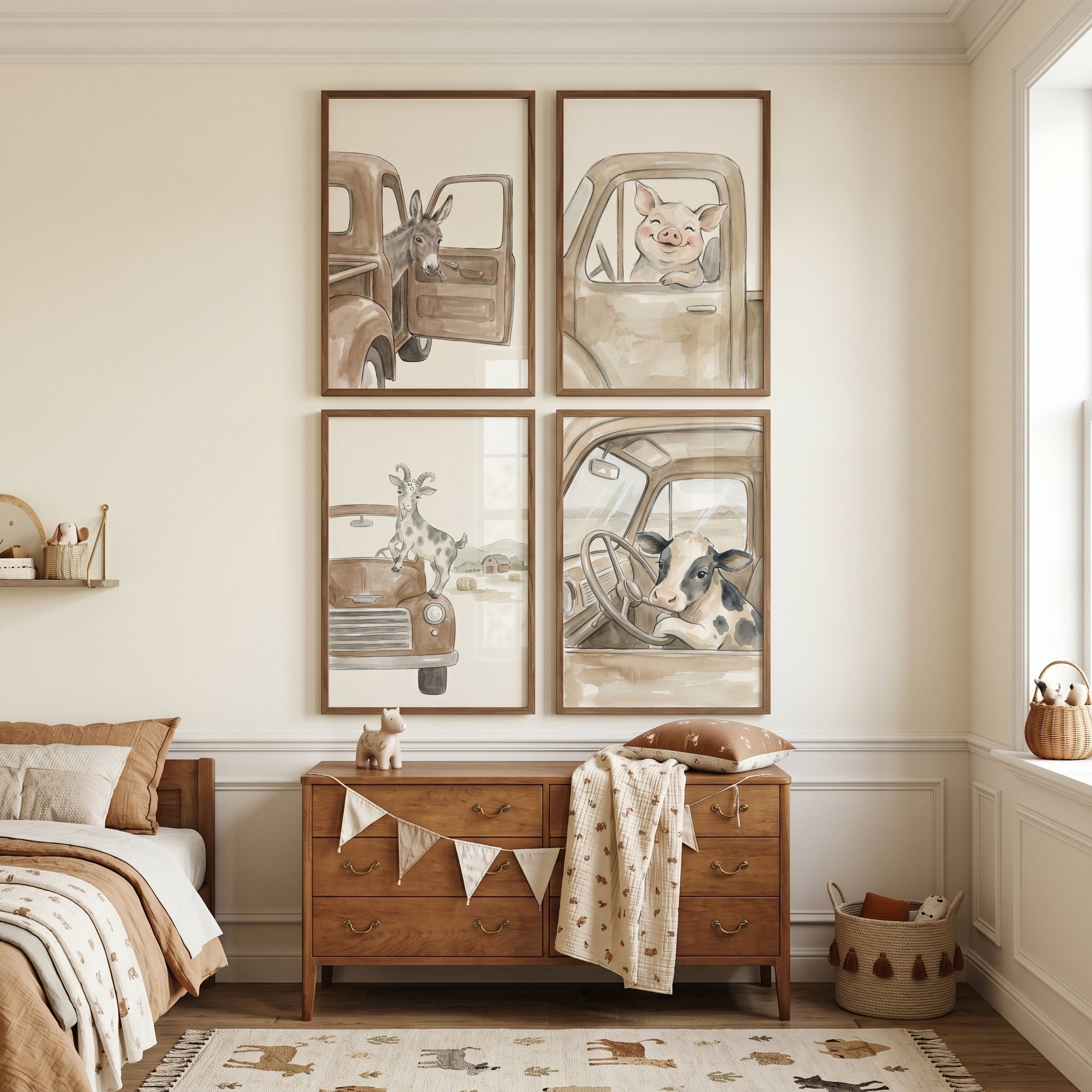 Earthy Farm Truck Animal Wall Art Set of 4 - Farm Animal Adventure