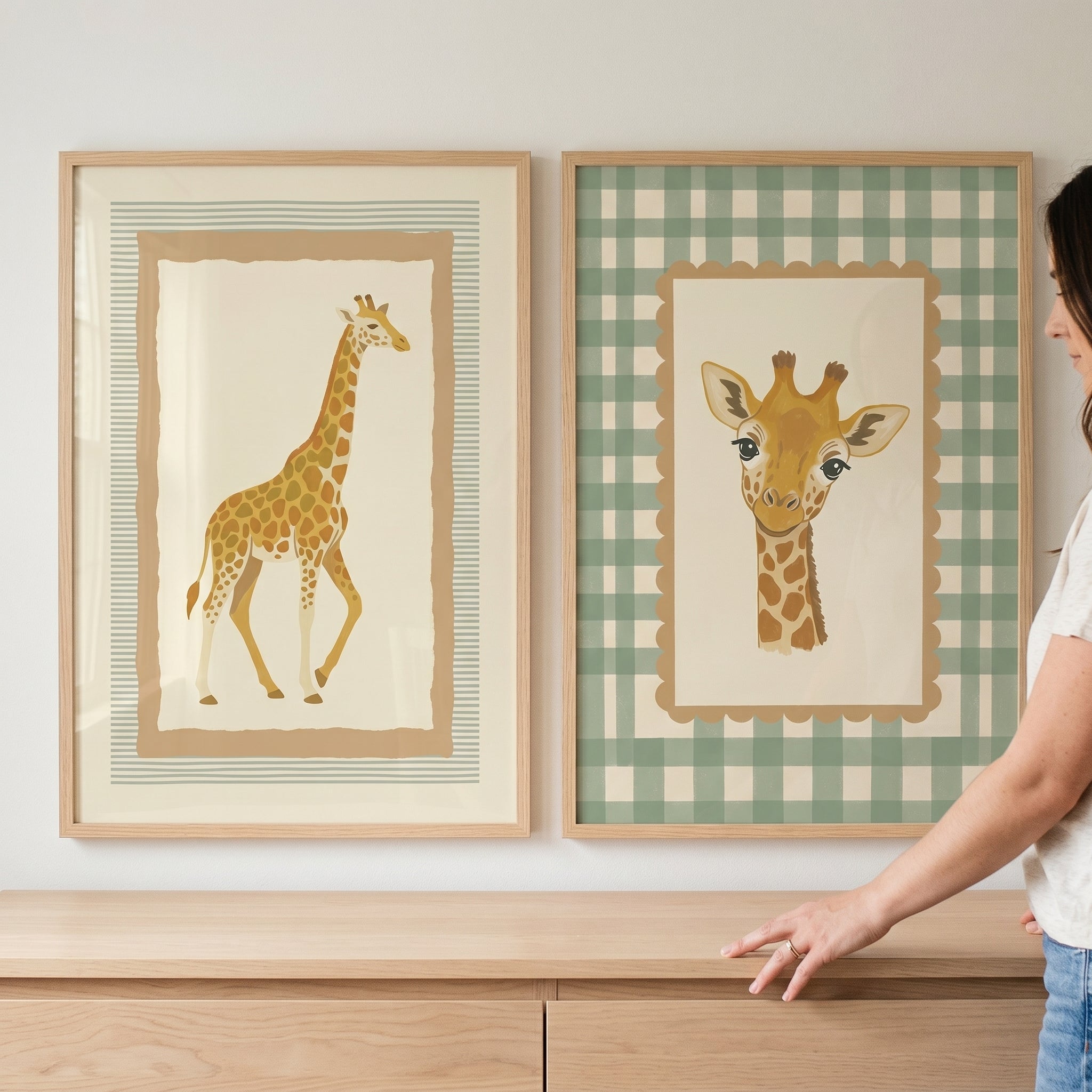Earthy Folk Giraffe Wall Art Set of 2 - Gentle Giraffe Duo