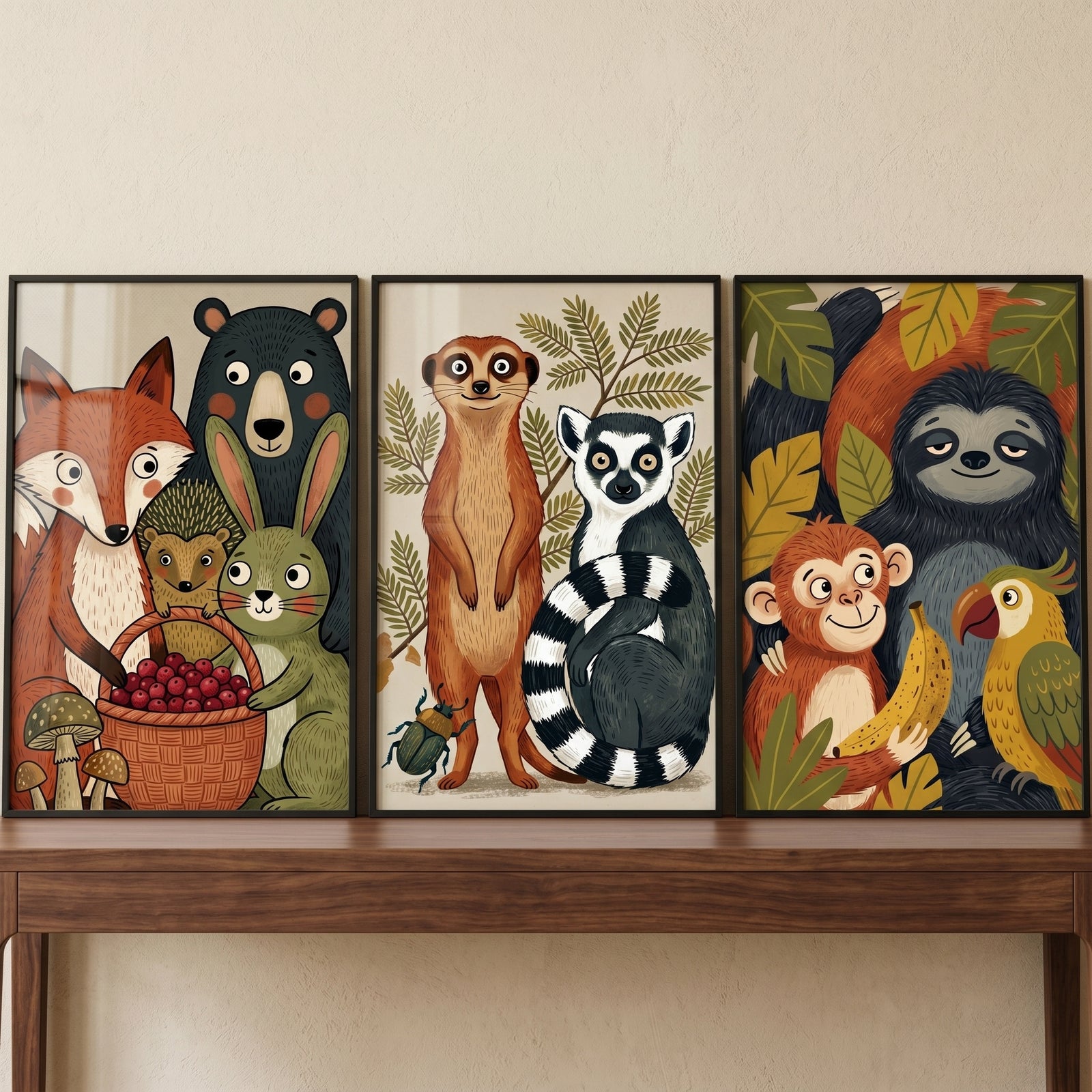 Earthy folk illustrated animals wall art set of 3 with a fox, bear, lemur, meerkat, sloth, monkey and parrot on a table.