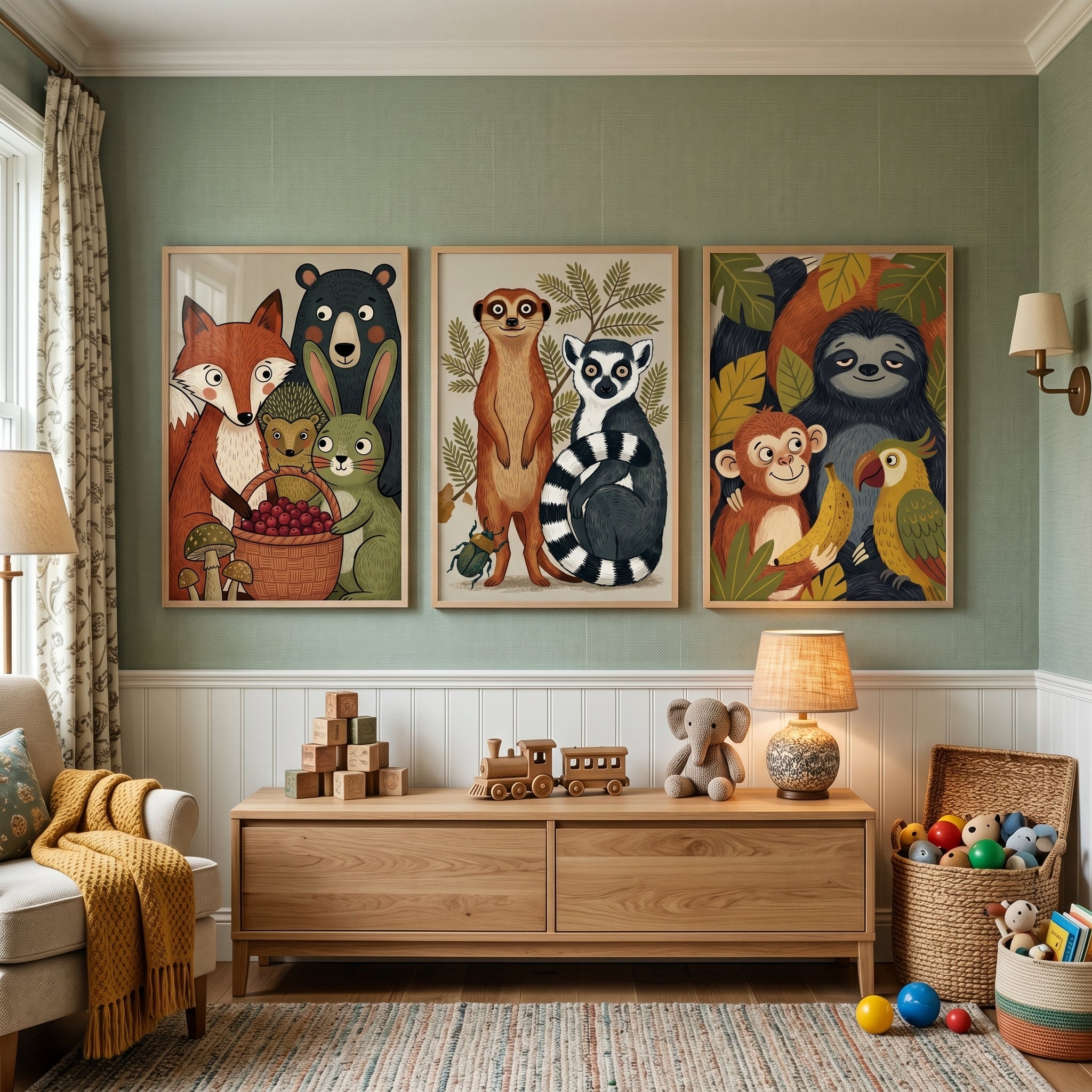 Earthy Folk Illustrated Animals Wall Art Set of 3 - Happy Forest Pals