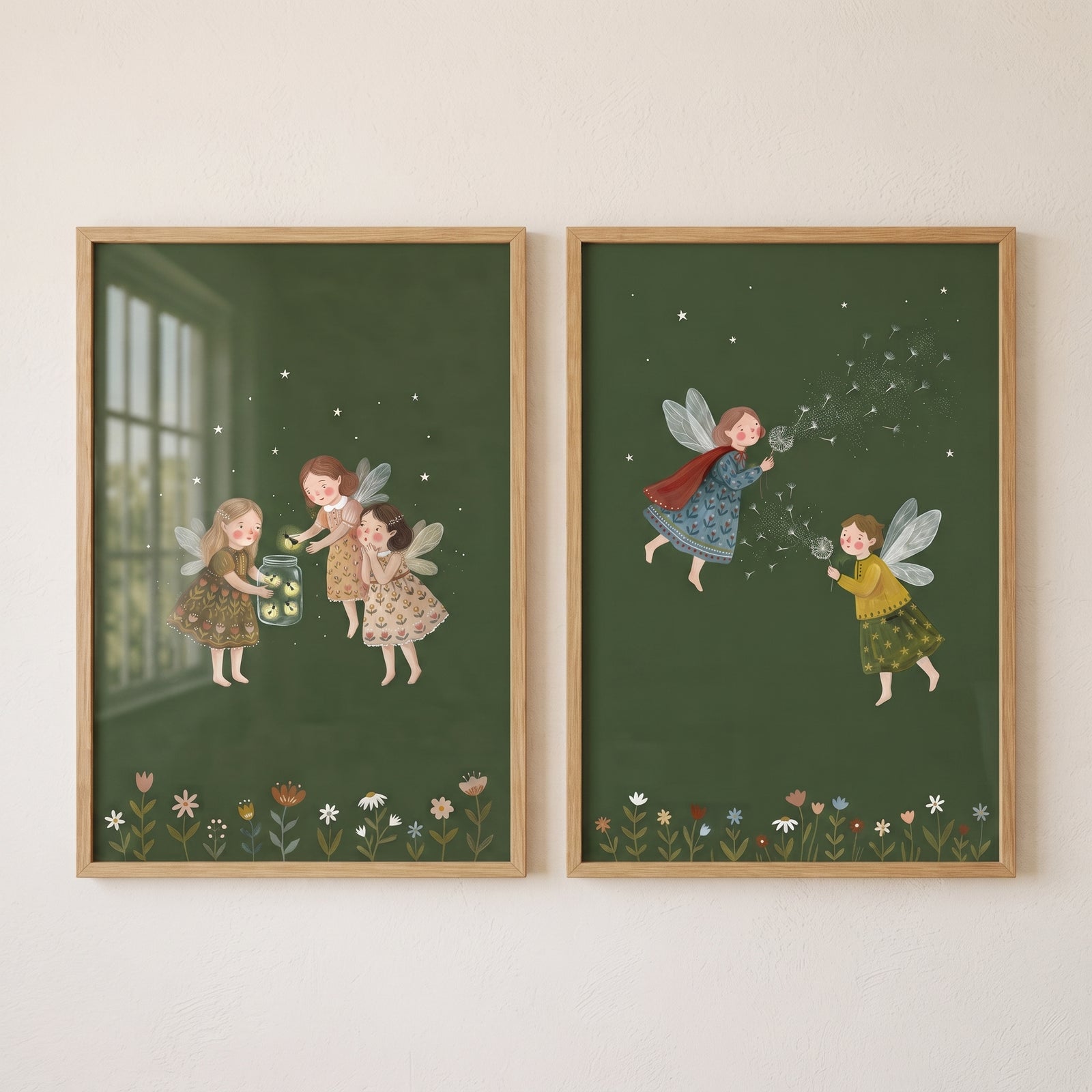 Earthy folk style fairies wall art set of 2 features small winged figures with glowing jars and dandelions on green.