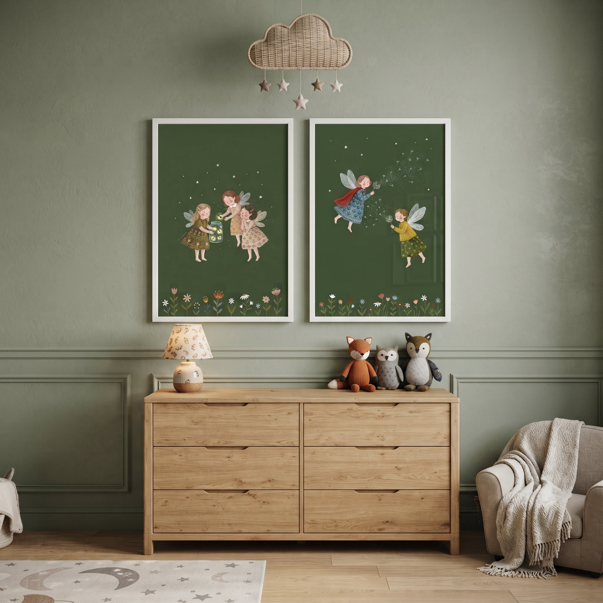 Earthy Folk Style Fairies Wall Art Set of 2 - Enchanted Meadow Sprites
