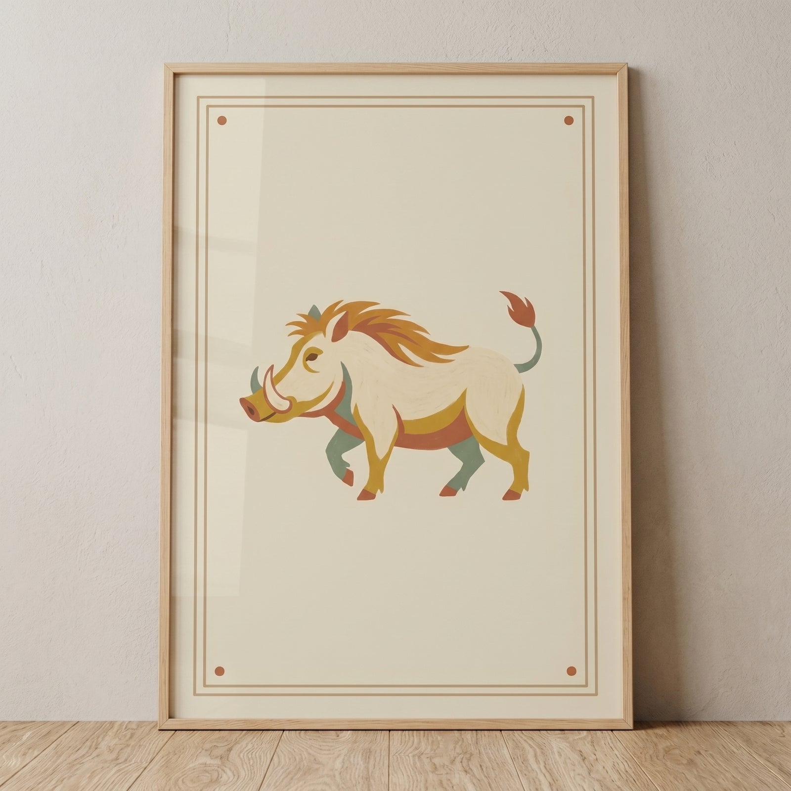 Earthy folk wild boar wall art featuring a stylized, multi-colored animal with tusks inside a wooden frame.