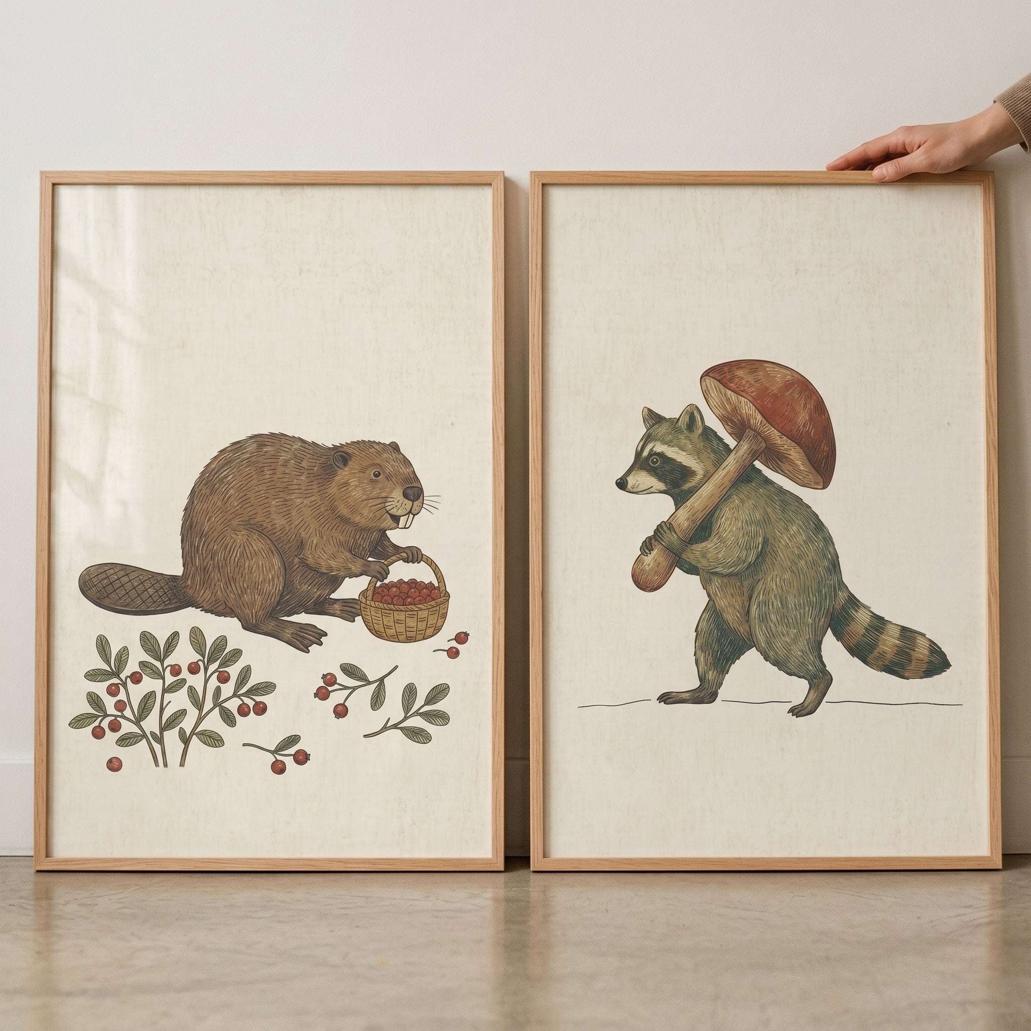 Earthy Gathering Woodland Animals Artwork Set of 2 - Woodland Foraging Friends