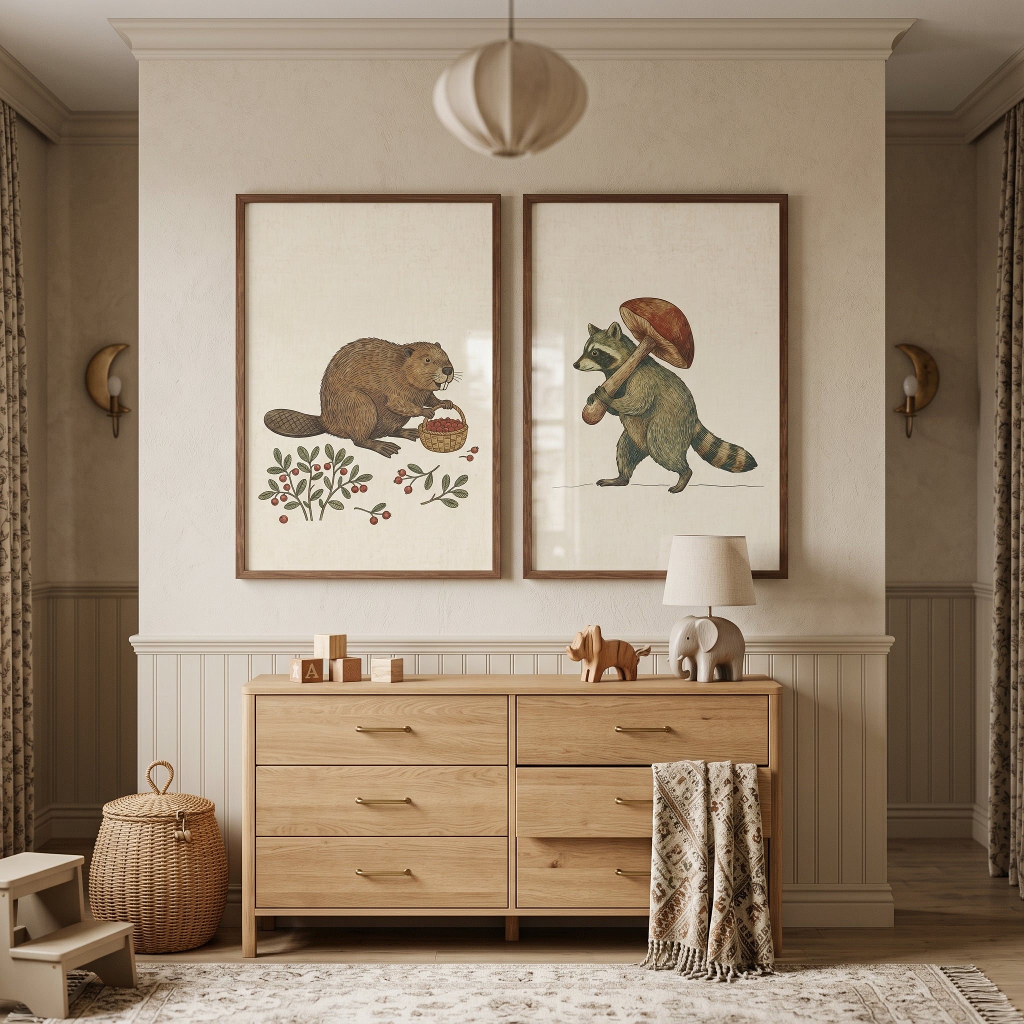 Earthy Gathering Woodland Animals Artwork Set of 2 - Woodland Foraging Friends