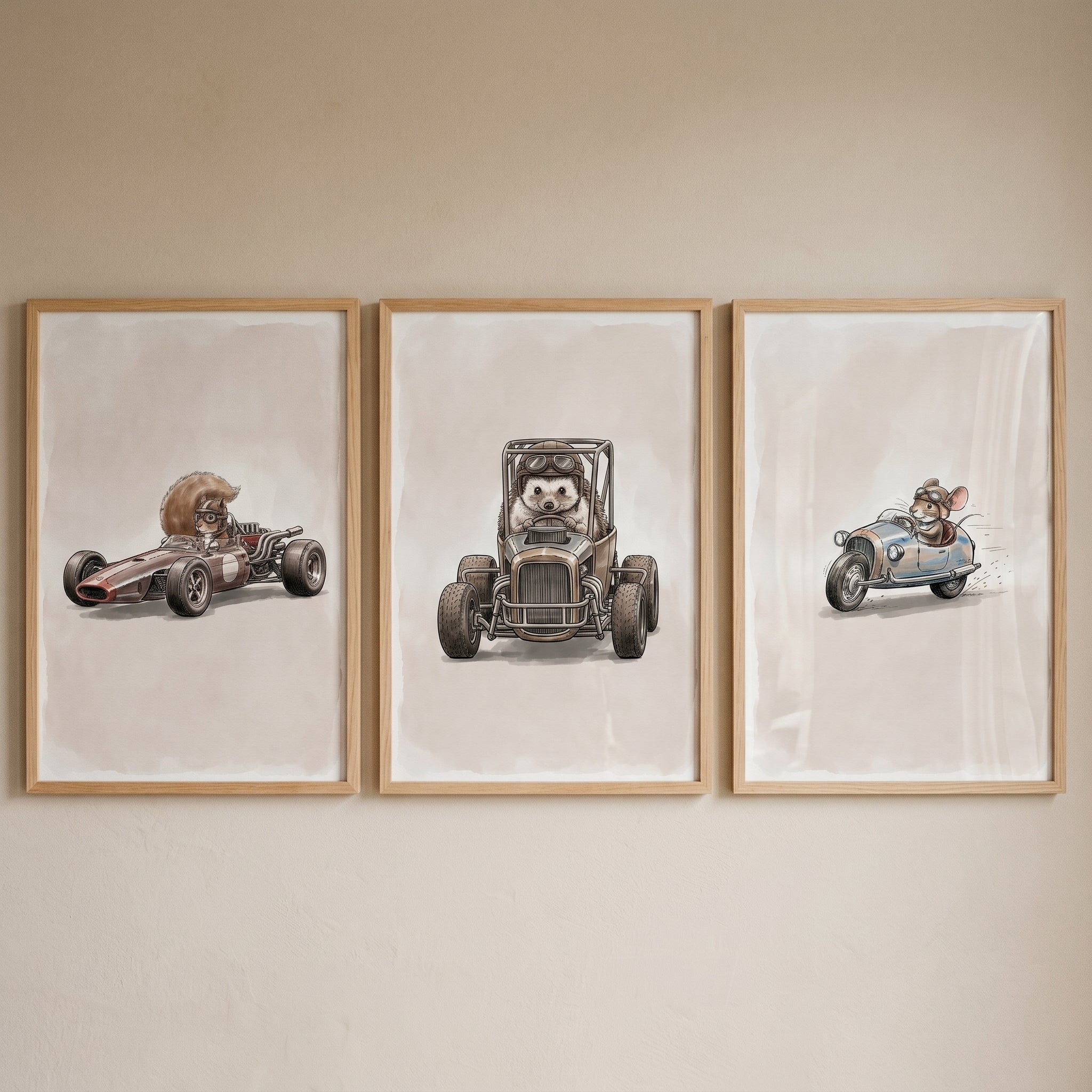 Earthy Goggle Driving Animal Wall Art Set of 3 - Woodland Speed Trio