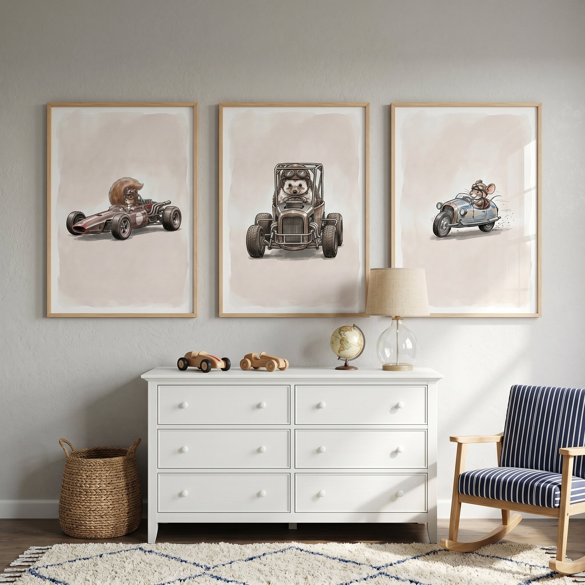 Earthy Goggle Driving Animal Wall Art Set of 3 - Woodland Speed Trio