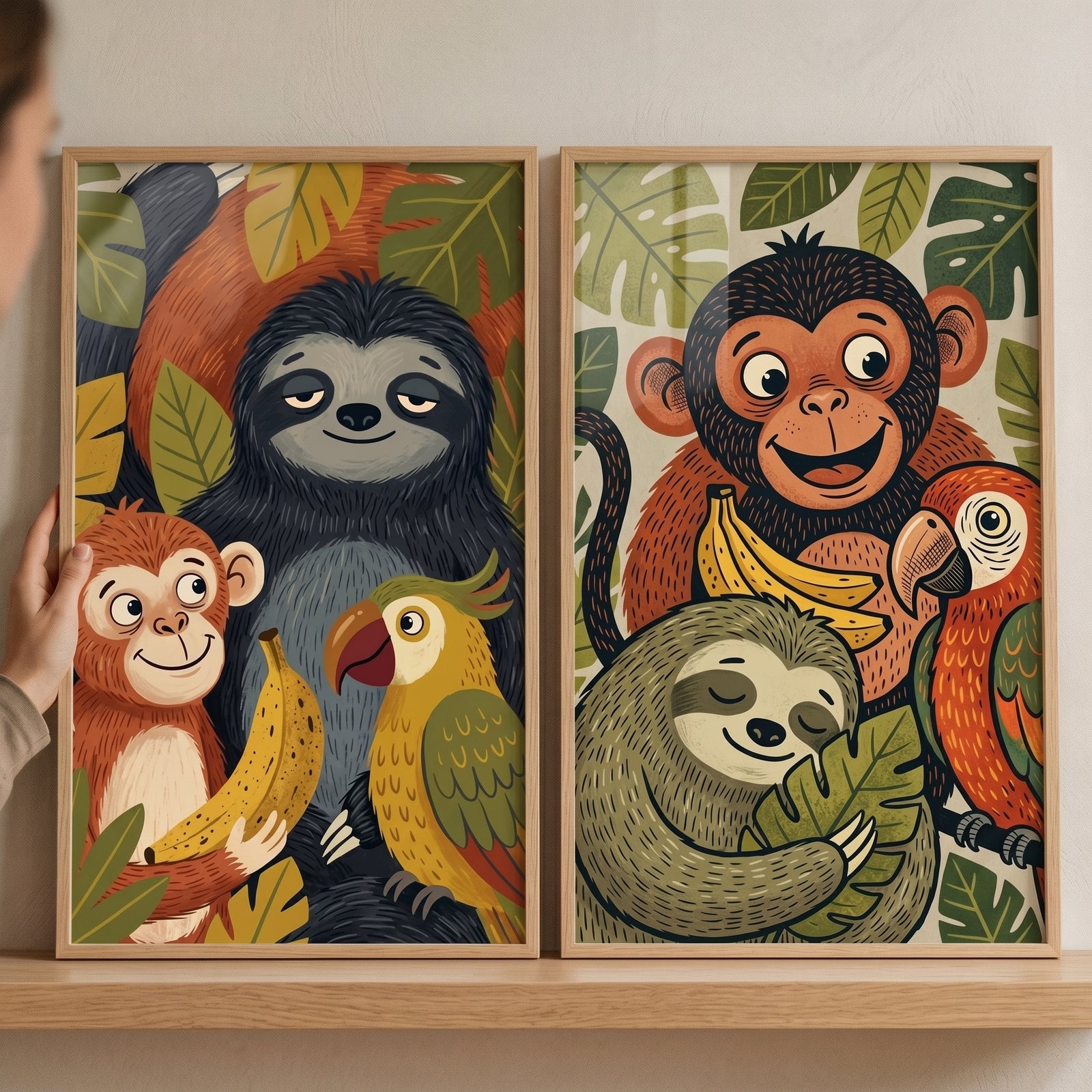 Earthy illustrated jungle animals wall art set of 2 featuring monkeys, sloths, and parrots among tropical leaves.