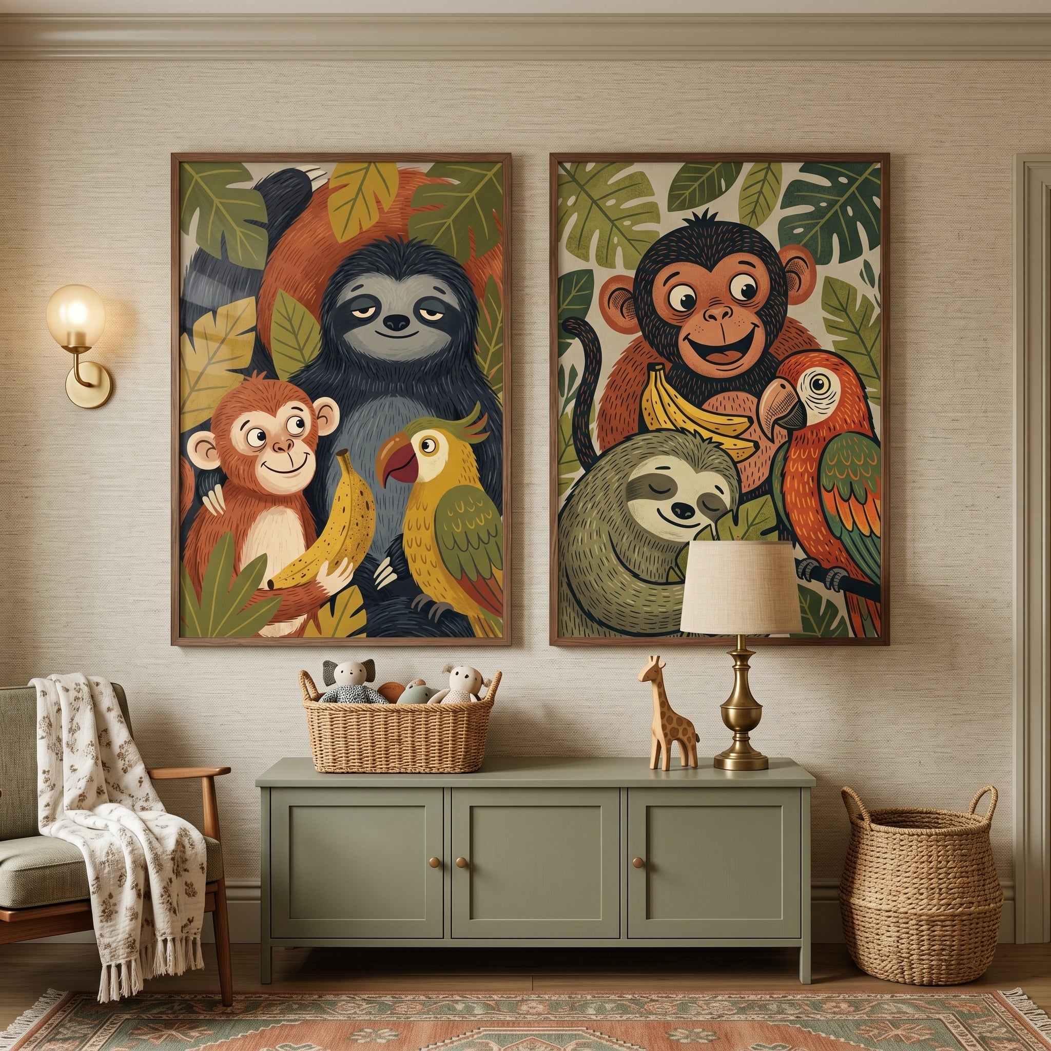 Earthy Illustrated Jungle Animals Wall Art Set Of 2 - Jungle Friends Duo