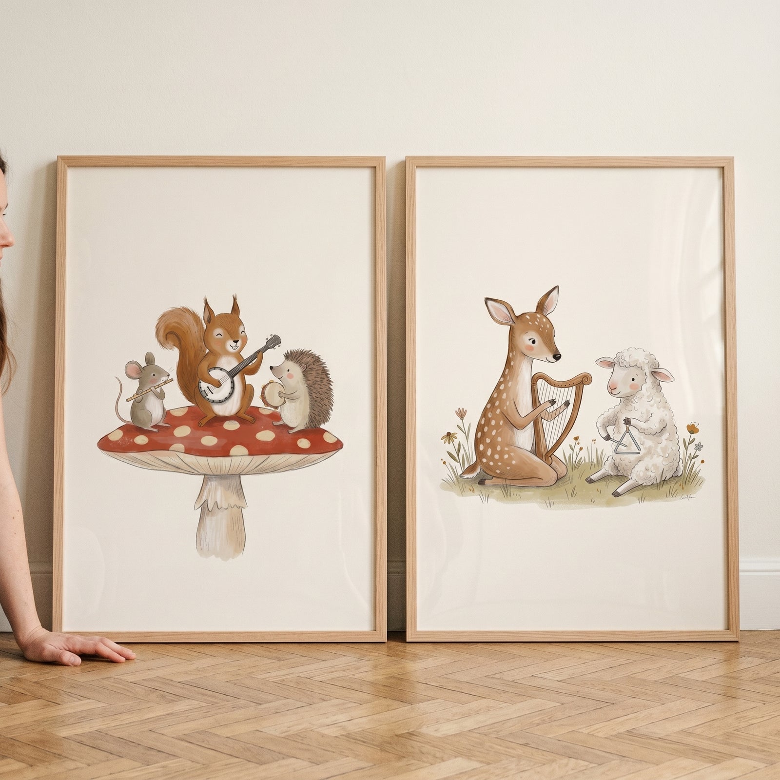 Earthy instrumental woodland animals wall art set of 2 features forest creatures playing music on a mushroom and grass.