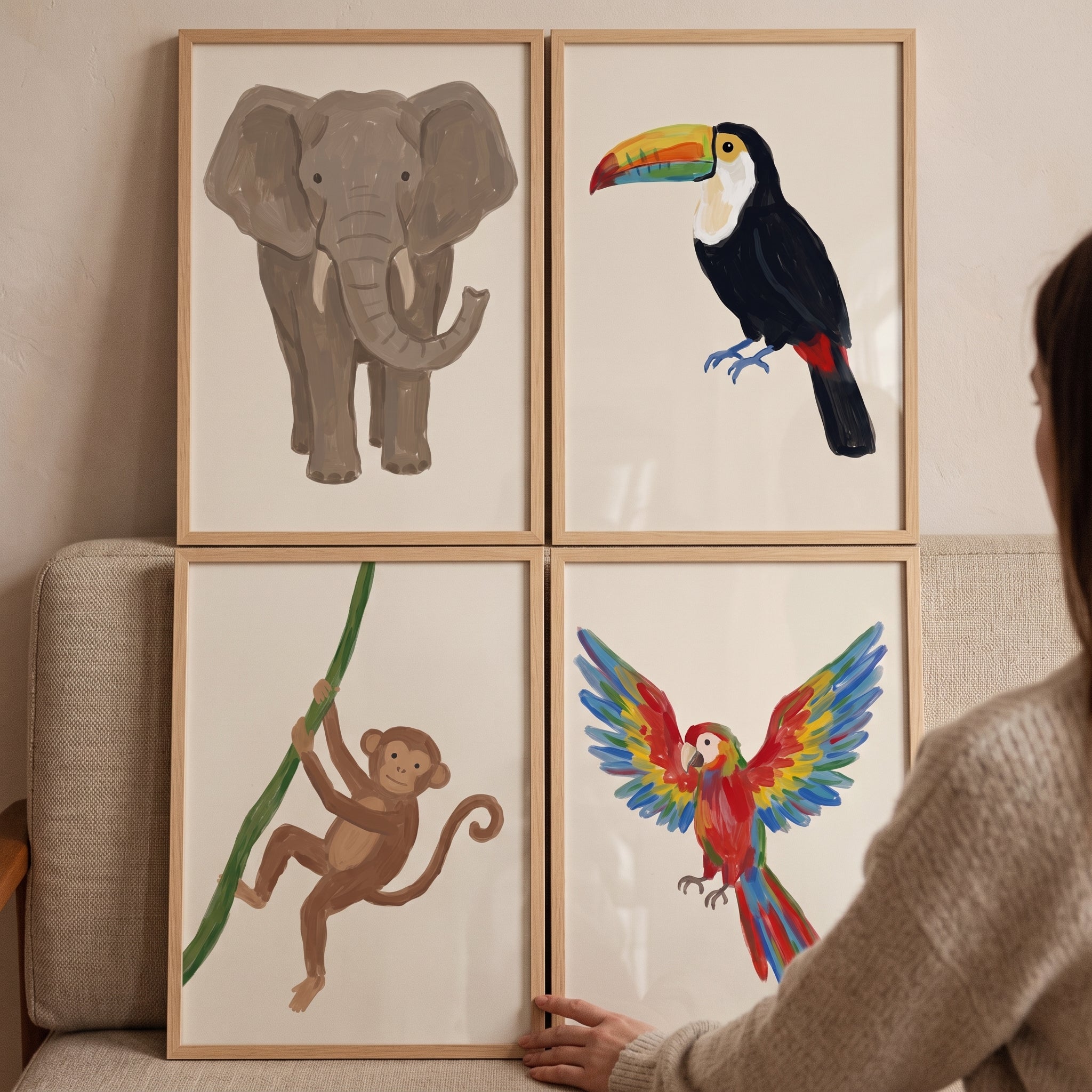 Earthy Jungle Animals Wall Art Set of 4 - Playful Jungle Friends
