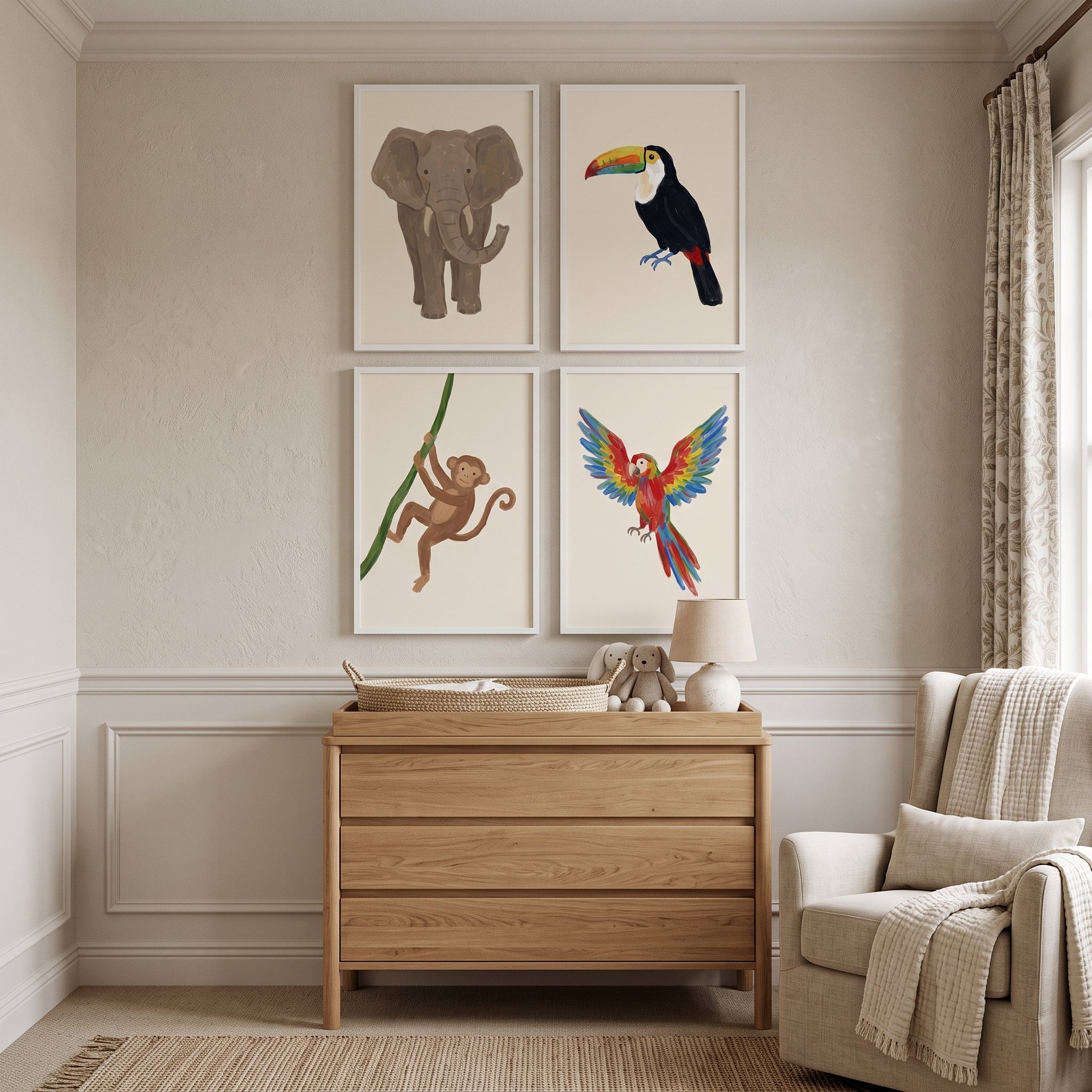 Earthy Jungle Animals Wall Art Set of 4 - Playful Jungle Friends