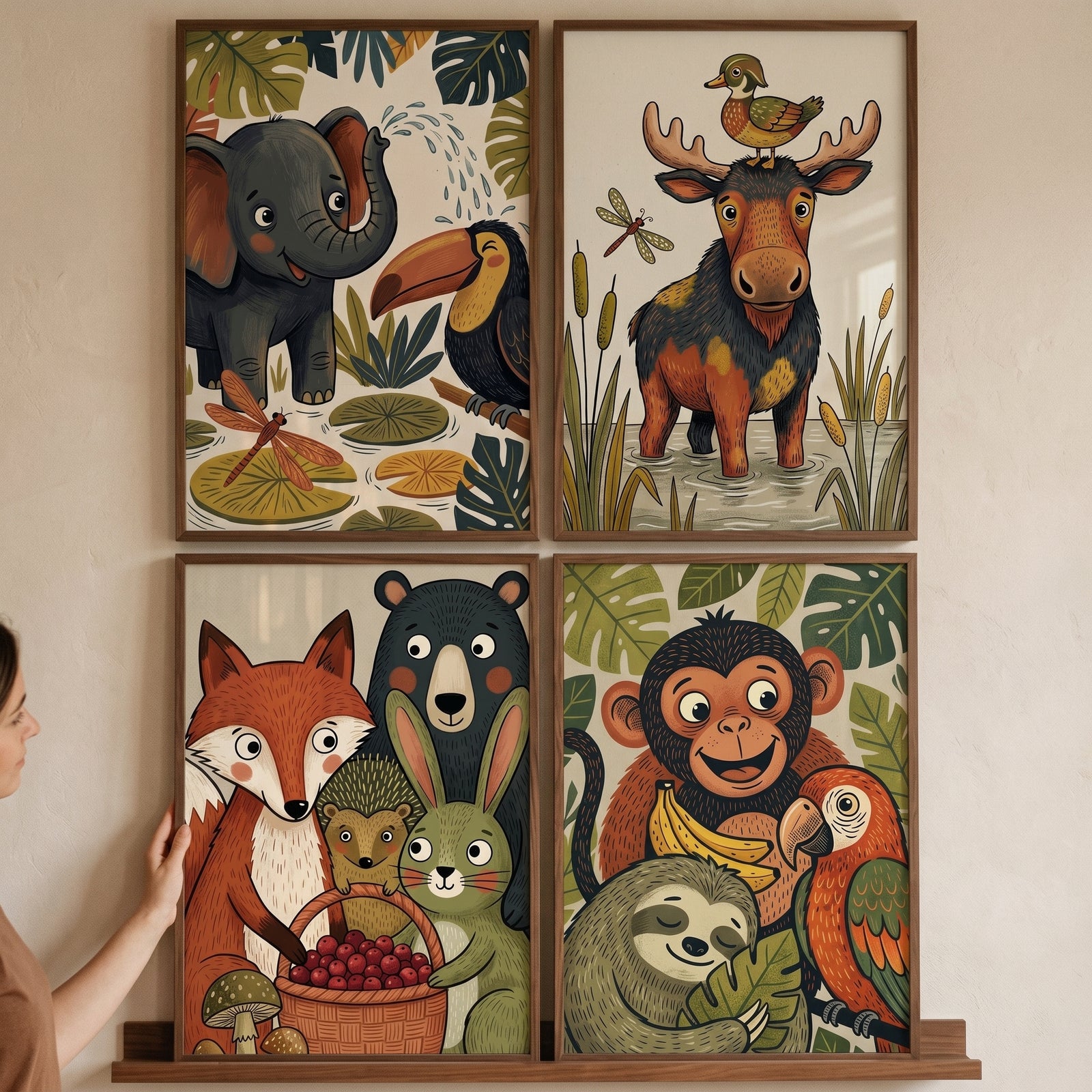 Earthy jungle forest animal print set of 4 featuring a cartoon elephant, moose, sloth, monkey, fox, and bear.