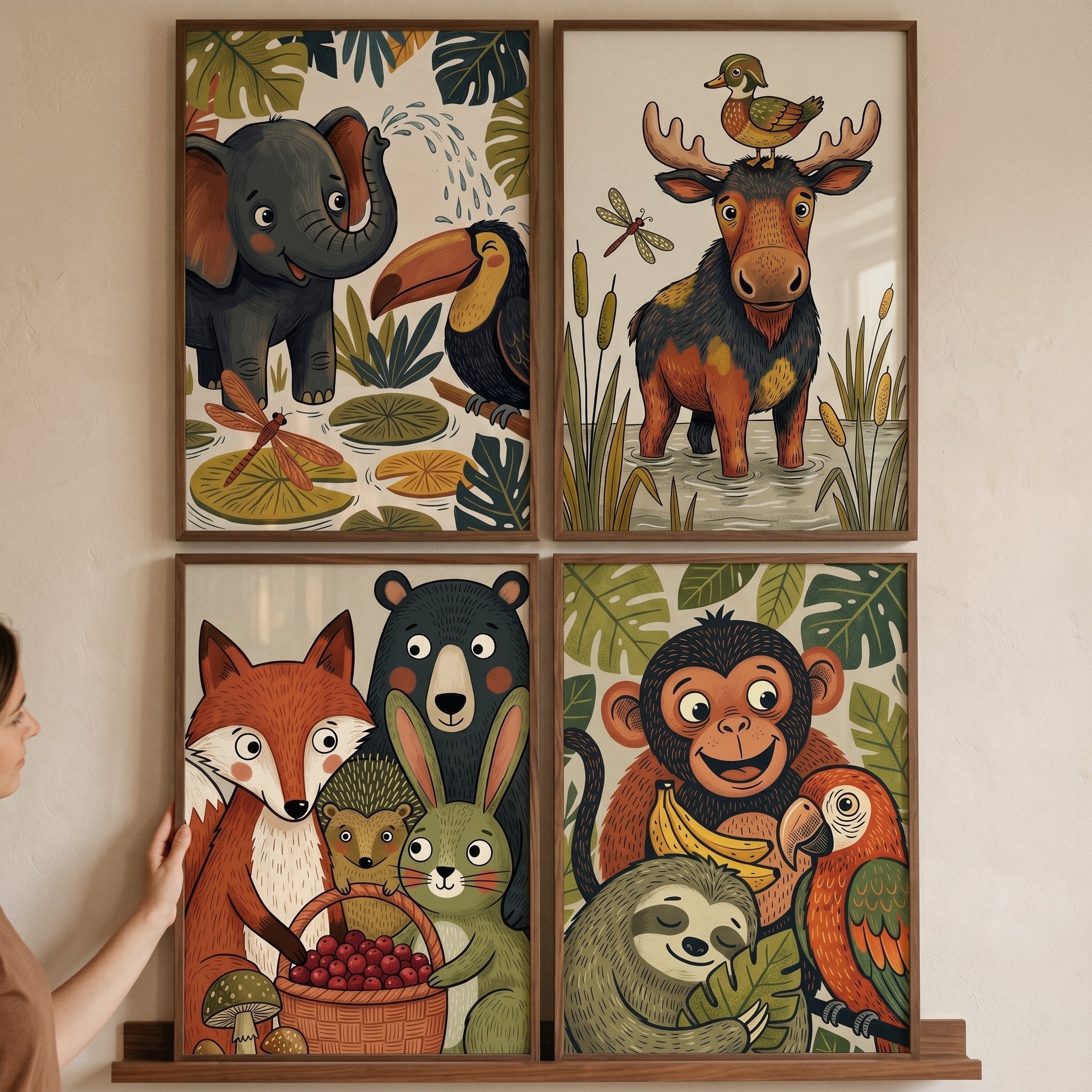 Earthy Jungle Forest Animal Print Set of 4 - Whimsical Nature Friends