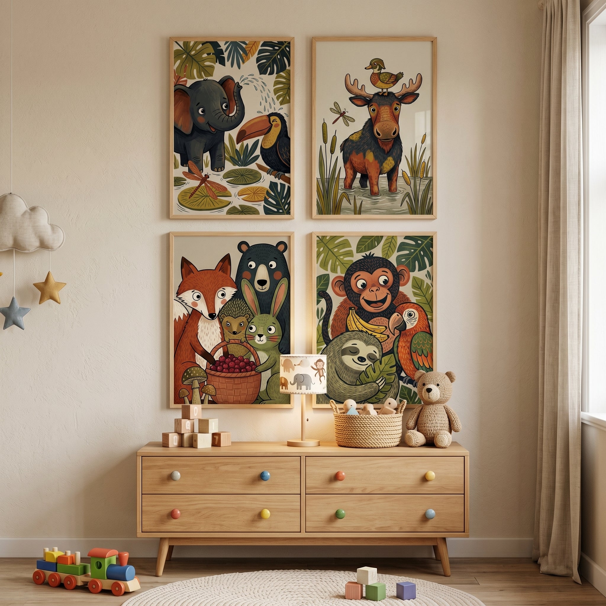 Earthy Jungle Forest Animal Print Set of 4 - Whimsical Nature Friends