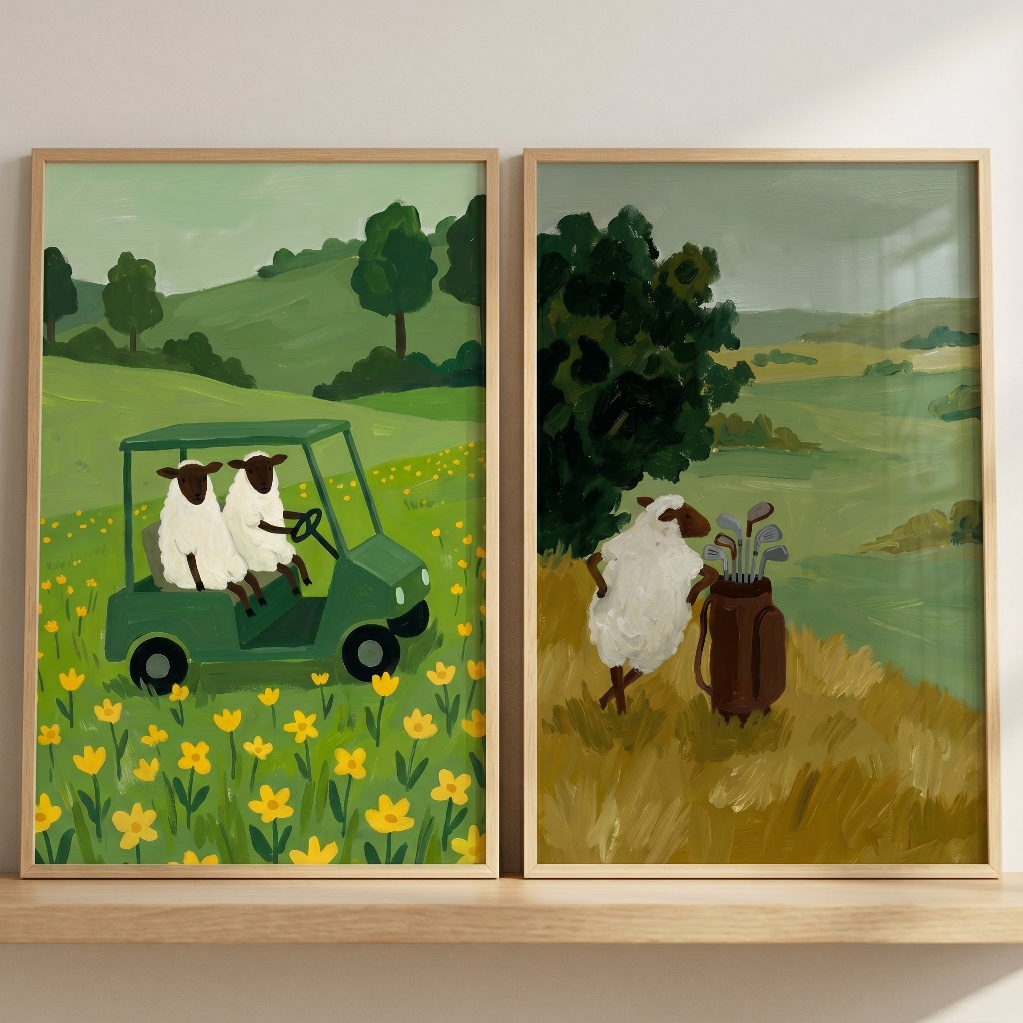 Earthy Landscape Golfing Sheep Wall Art Set of 2 - Pasture Golf Outing