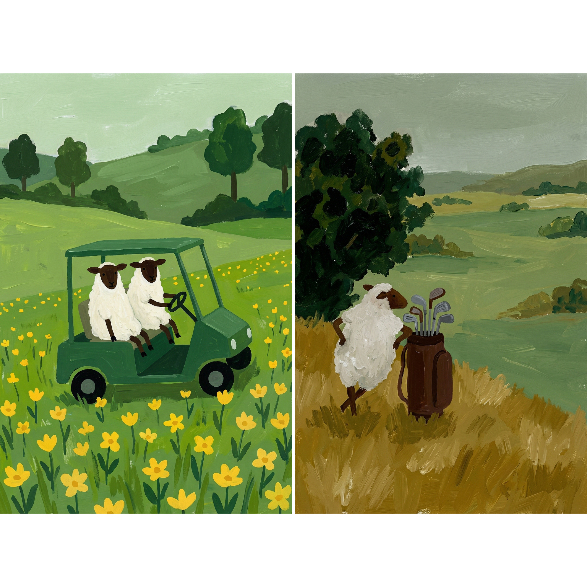 Earthy Landscape Golfing Sheep Wall Art Set of 2 - Pasture Golf Outing