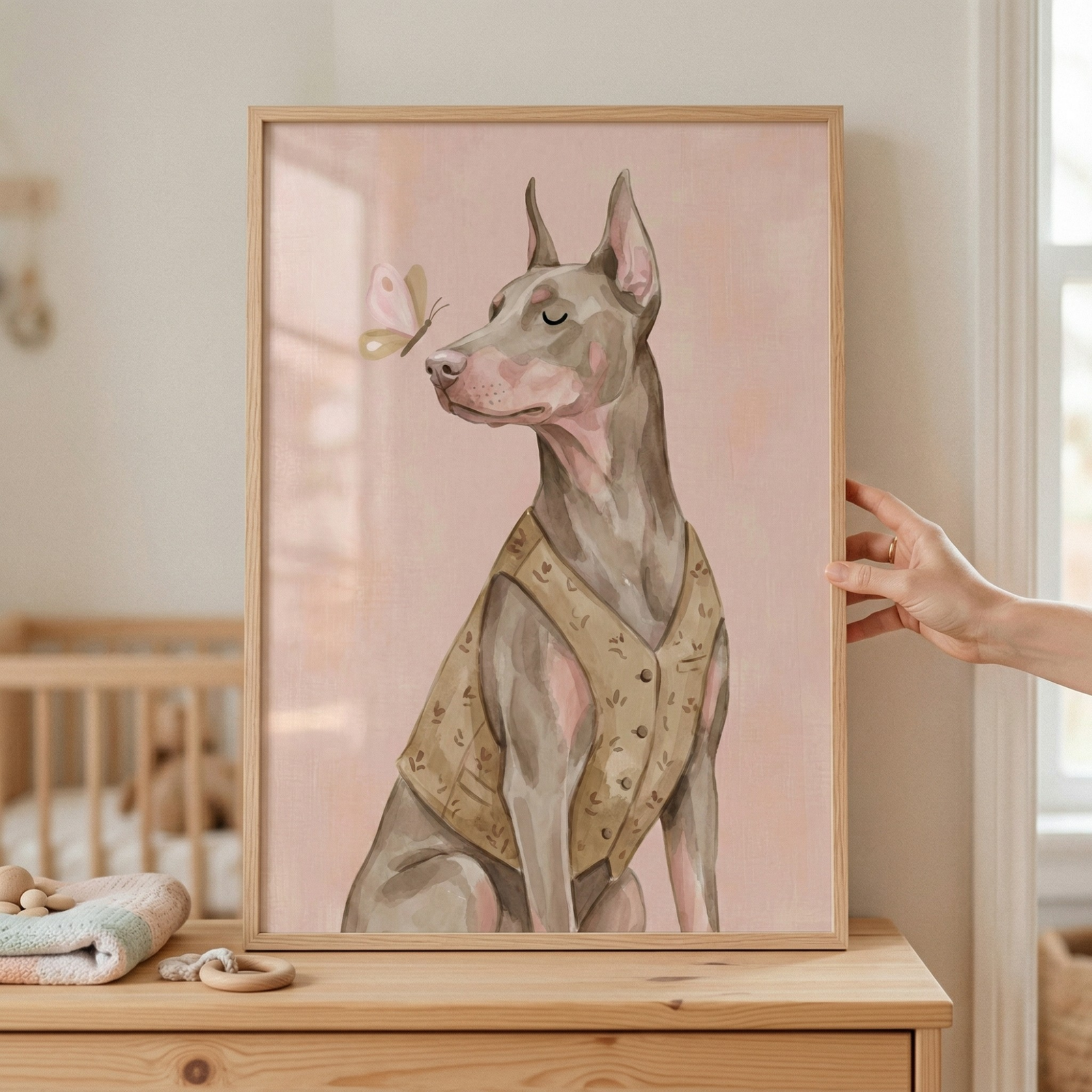 A framed digital illustration of a sleek, greyish-brown dog with pointed ears is the centerpiece of this image. The dog is depicted in profile, wearing a light tan vest adorned with small, delicate patterns. It gazes calmly at a soft-colored pink and yellow butterfly hovering just in front of its nose. The background of the artwork is a solid, muted pink tone. 
