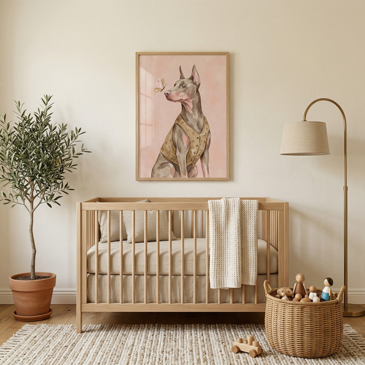 A minimalist nursery with neutral tones showcases a light wood crib as the centerpiece. Above it, a framed illustration displays a sleek grey dog in a patterned vest observing a butterfly against a soft pink background. To the left of the crib, a potted indoor tree stands in a clay pot. On the right, a gold-toned floor lamp with a linen shade provides soft lighting. 