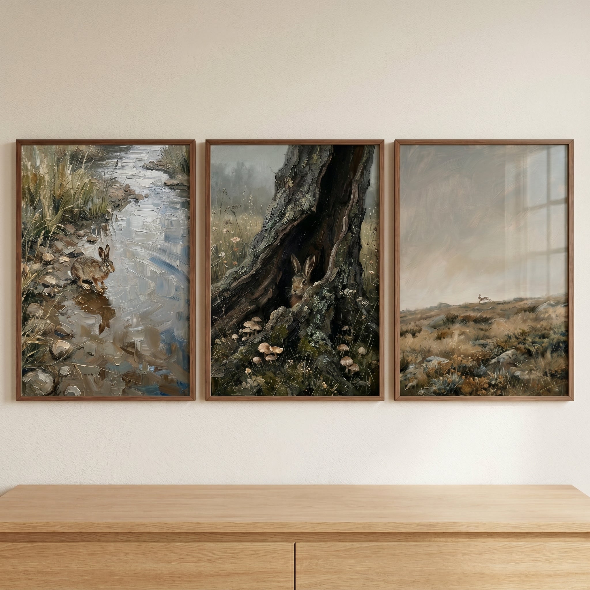 Earthy Long Eared Bunny Wall Art Set of 3 - Hare Trails
