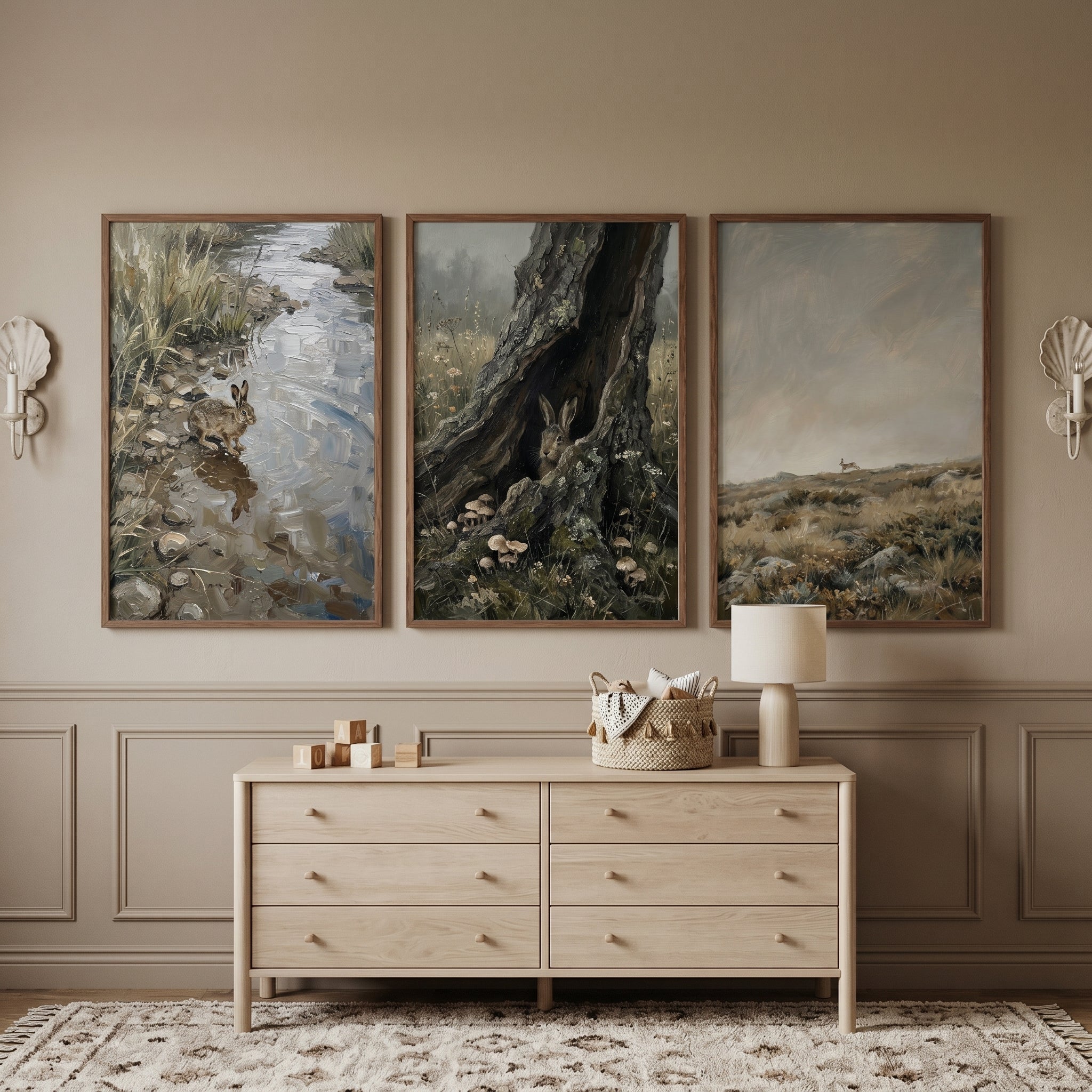 Earthy Long Eared Bunny Wall Art Set of 3 - Hare Trails