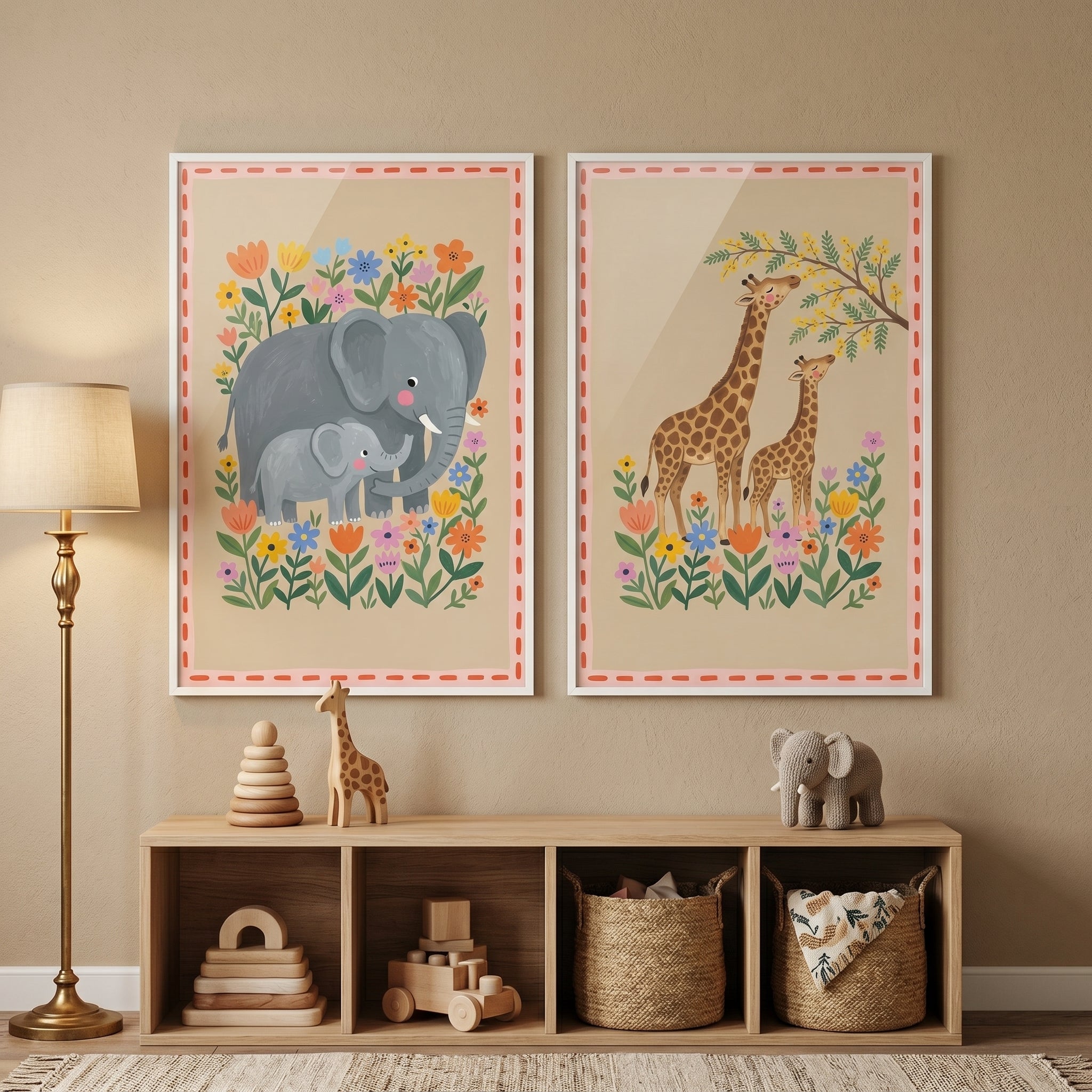 Earthy Mama Baby Savanna Animal Artwork Set Of 2 - Whimsical Safari Garden