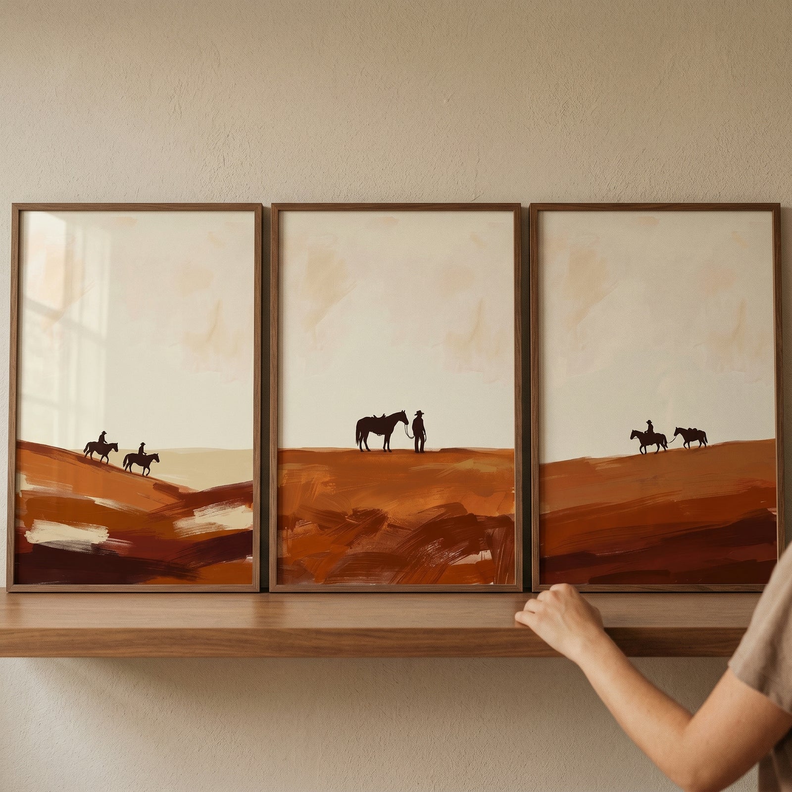 Earthy minimalist southwest horse print set of 3 with silhouettes of horses and riders across a warm desert landscape.