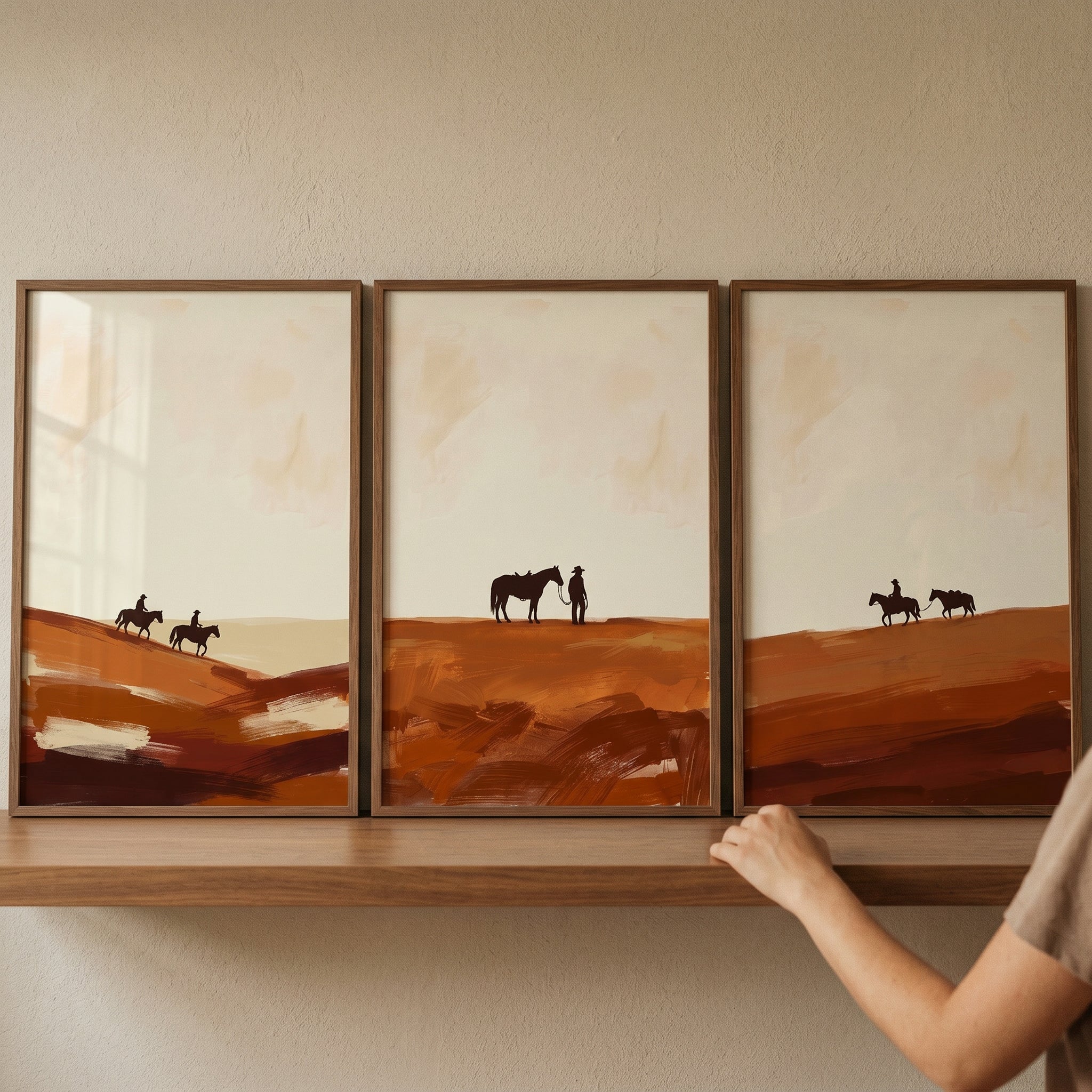 Earthy Minimalist Southwest Horse Print Set of 3 - Golden Desert Ride