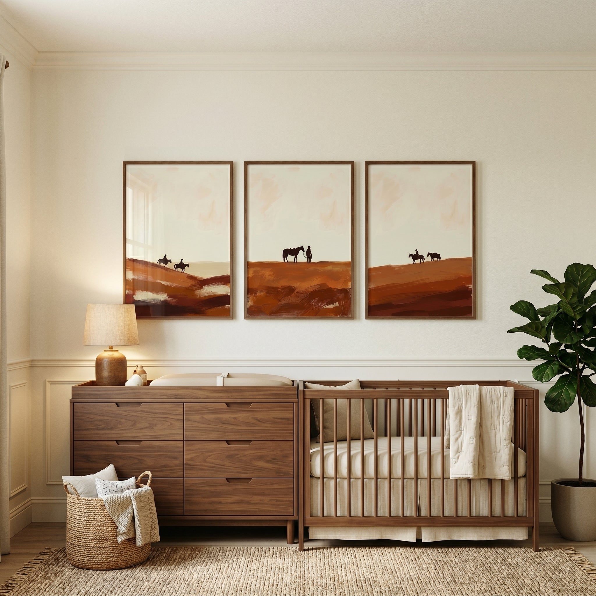 Earthy Minimalist Southwest Horse Print Set of 3 - Golden Desert Ride