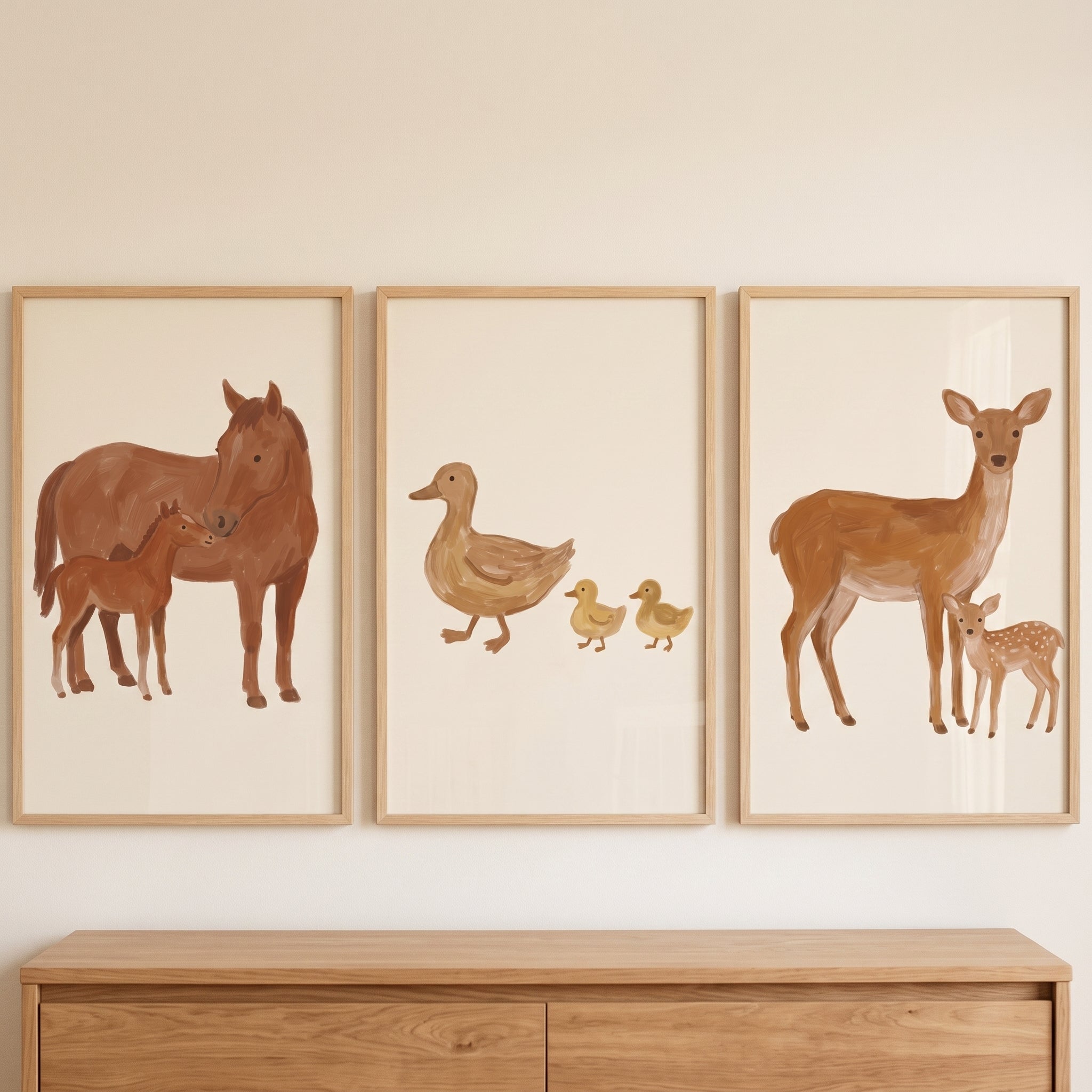 Earthy Mother Baby Animals Wall Art Set of 3 - Gentle Animal Families