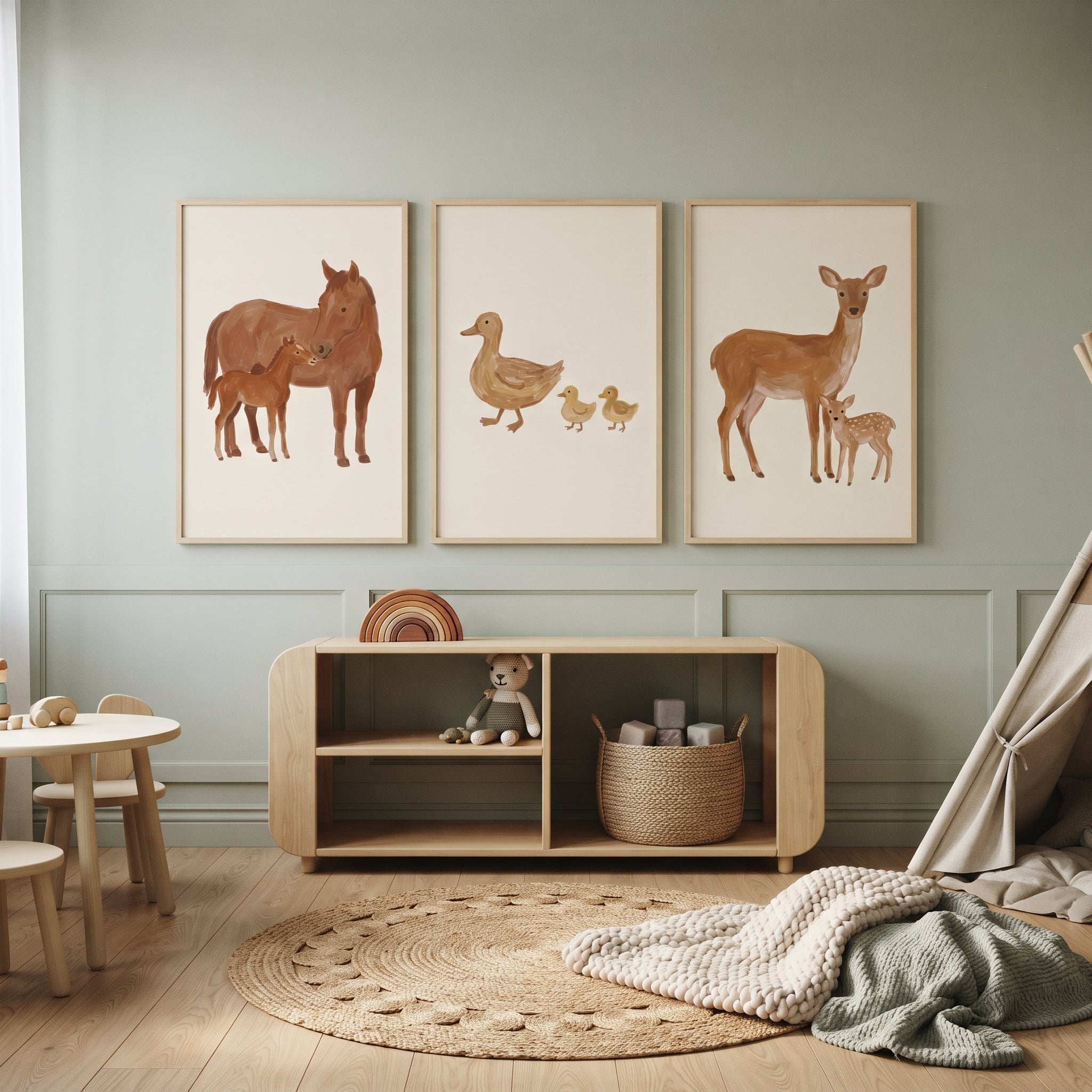 Earthy Mother Baby Animals Wall Art Set of 3 - Gentle Animal Families