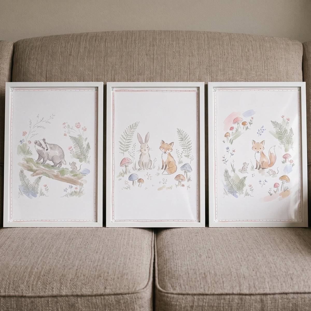 Earthy mushroom forest animals wall art set of 3 featuring a fox, rabbit, and badger in white frames on a beige couch.