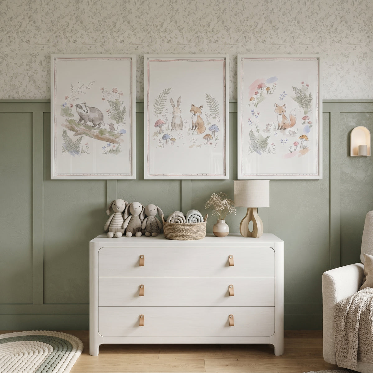 Earthy Mushroom Forest Animals Wall Art Set of 3 - Soft Meadow Animals