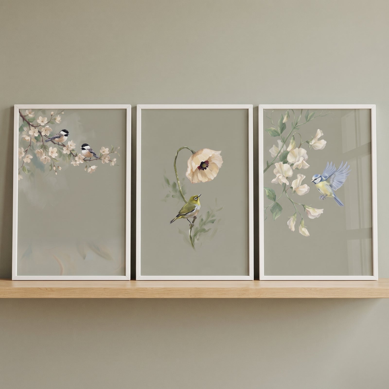 Earthy muted botanical bird floral wall art set of 3 displayed in white frames on a wood shelf against a sage wall.