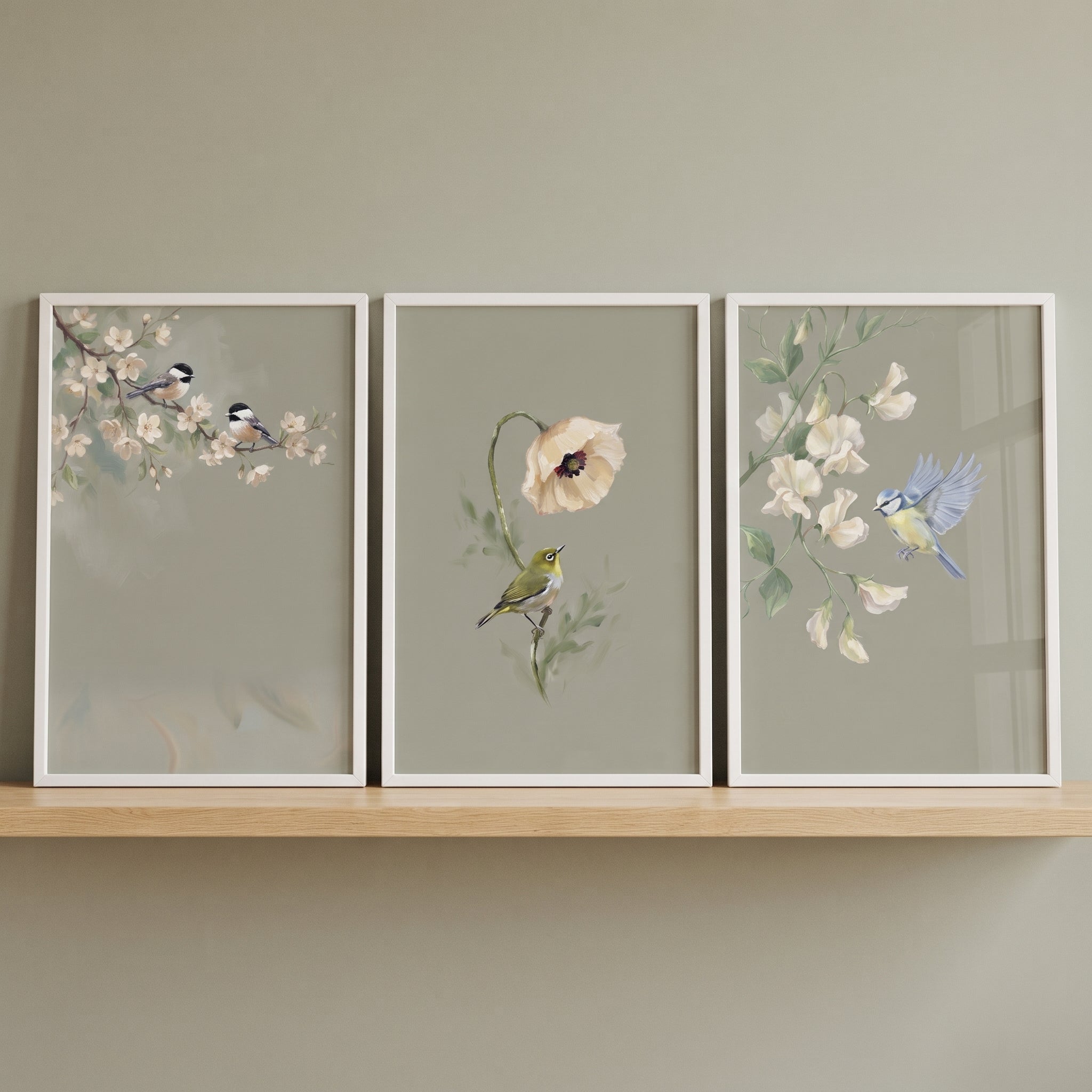 Earthy Muted Botanical Bird Floral Wall Art Set of 3 - Delicate Avian Bloom
