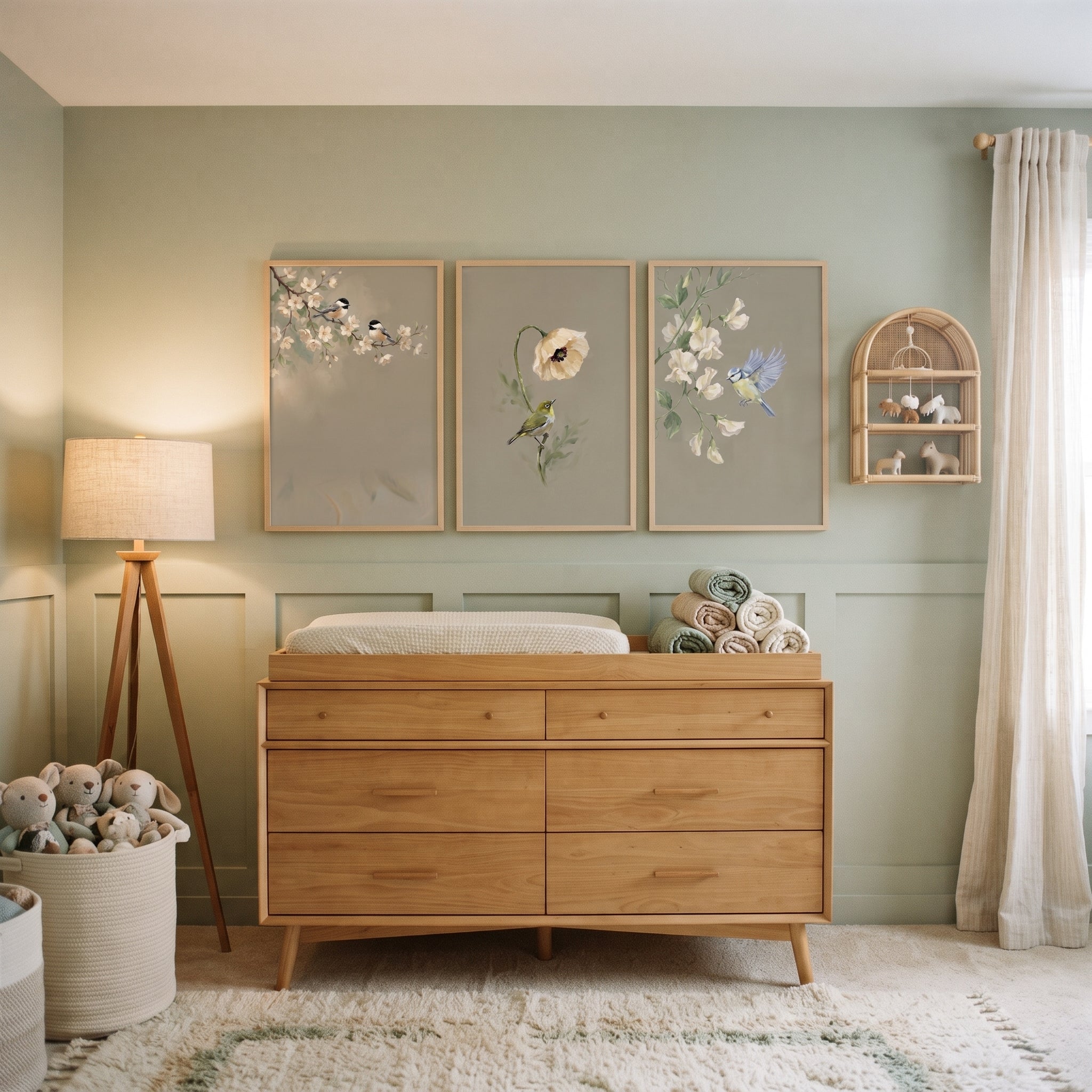 Earthy Muted Botanical Bird Floral Wall Art Set of 3 - Delicate Avian Bloom