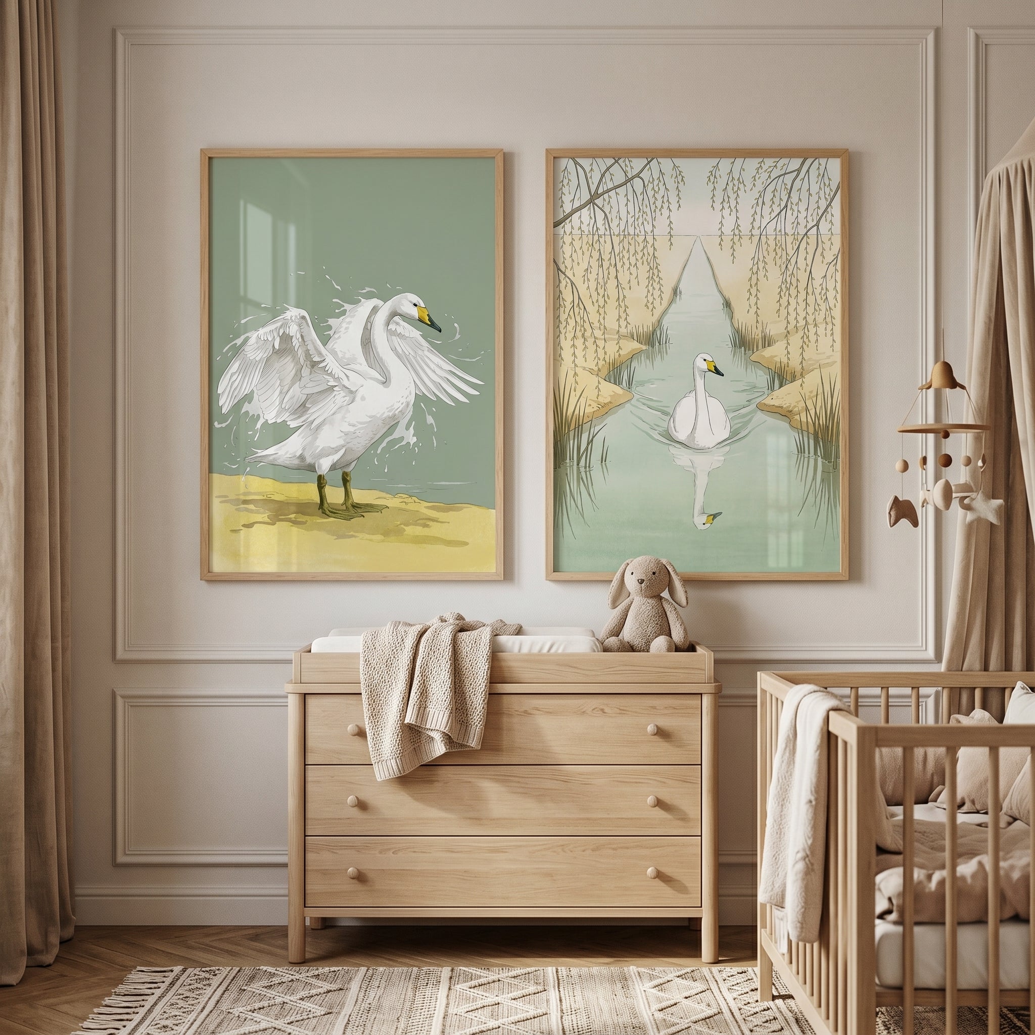 Earthy Muted Green Swan Wall Art Set Of 2 - Graceful Swan Duo