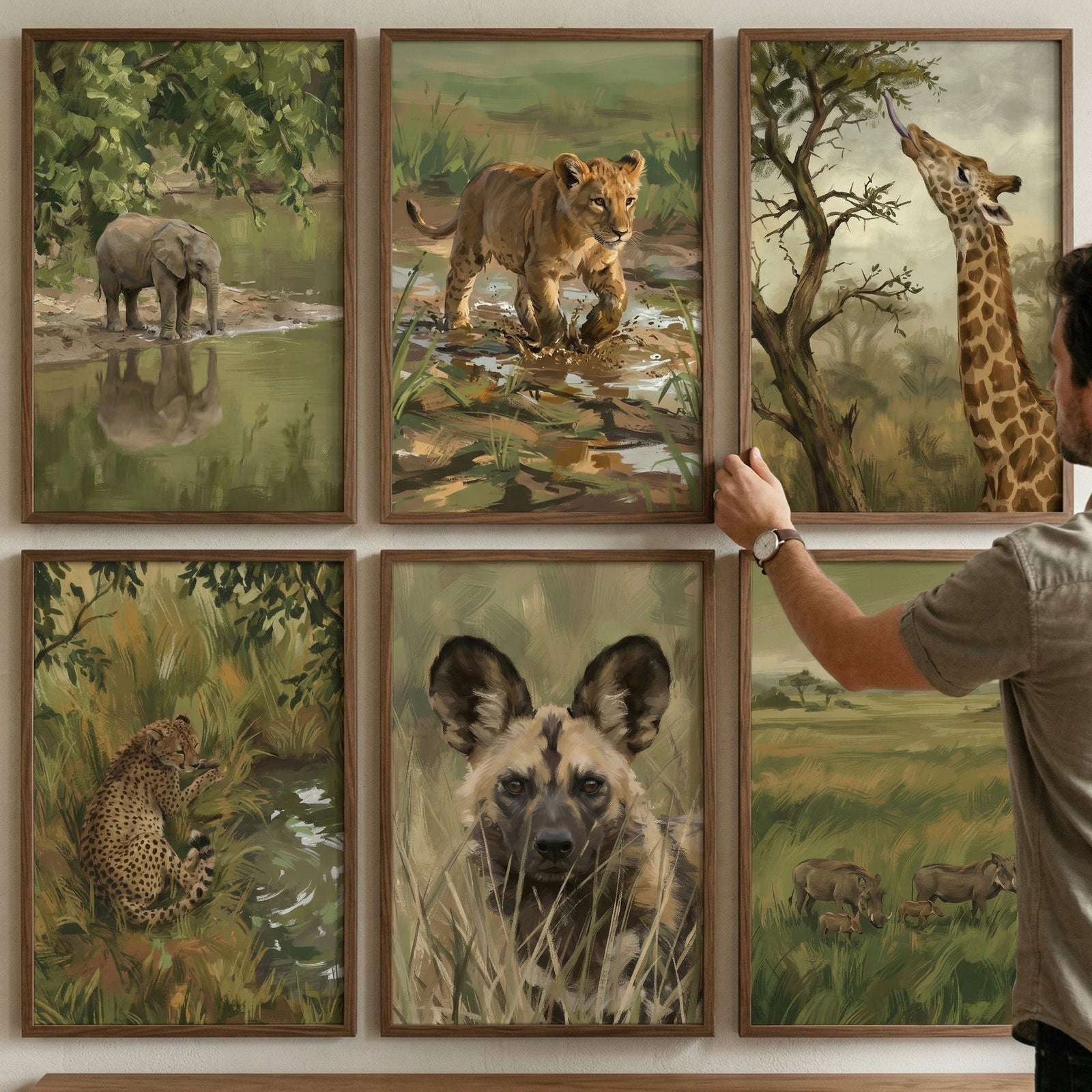 Earthy naturalist safari animal wall art set of 6 featuring an elephant, lion, giraffe, cheetah, wild dog, and warthogs.