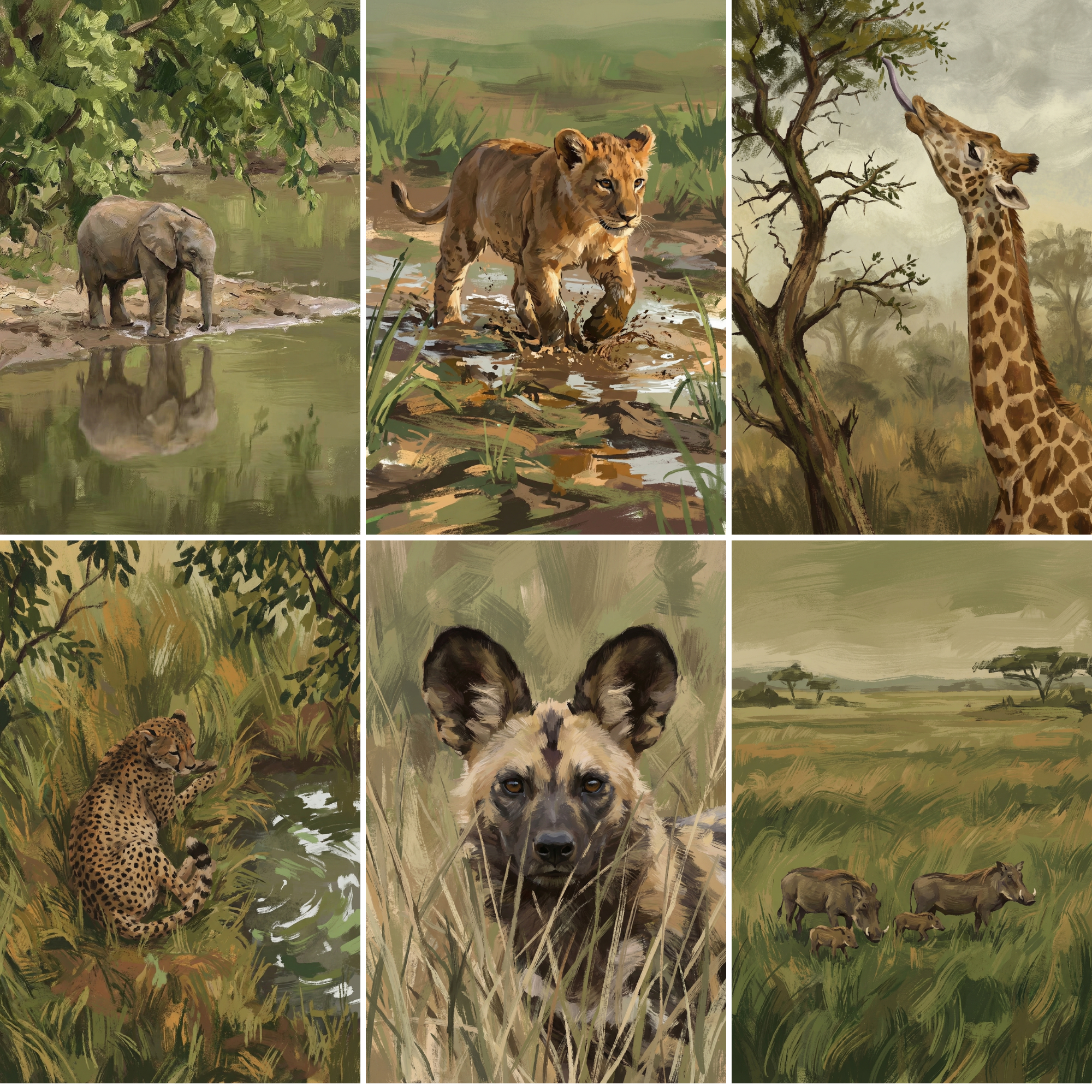 Earthy Naturalist Safari Animal Wall Art Set of 6 - Savannah Wildlife Portraits