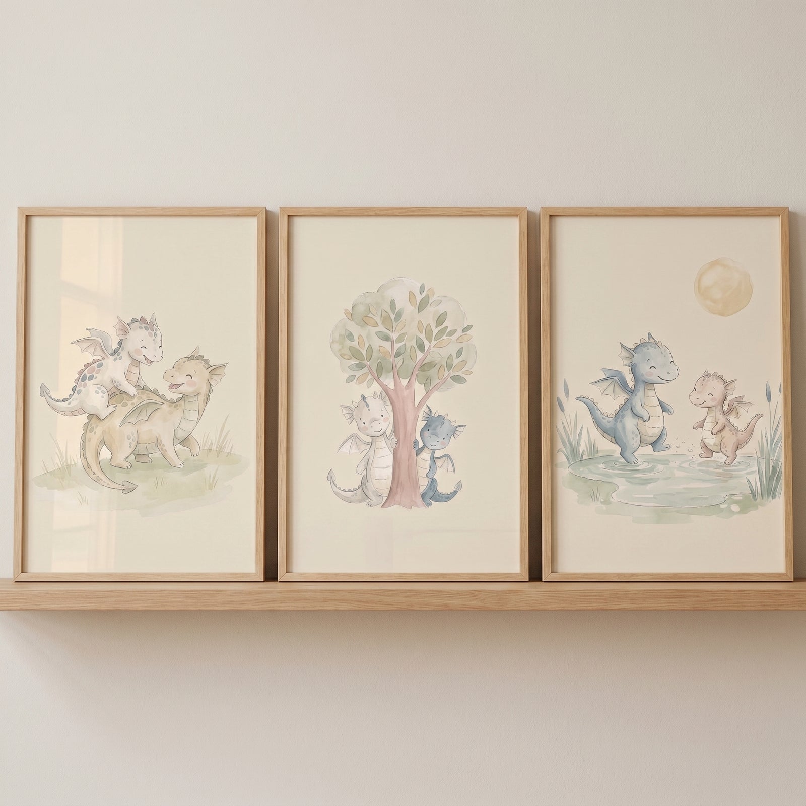 Earthy neutral baby dragon wall art set of 3 framed in wood on a shelf, showing soft illustrations of whimsical dragons.