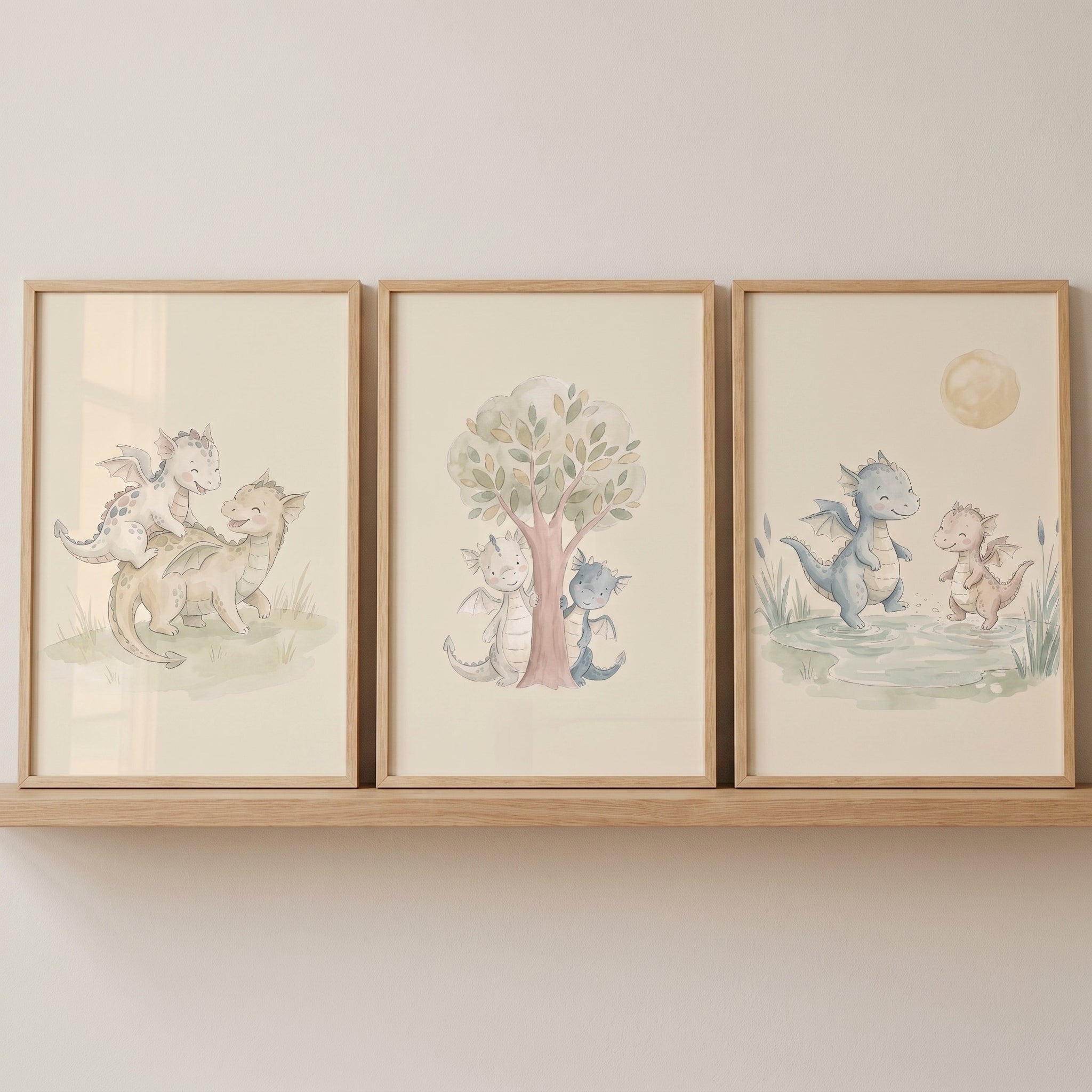 Earthy Neutral Baby Dragon Wall Art Set of 3 - Sweet Mythical Play